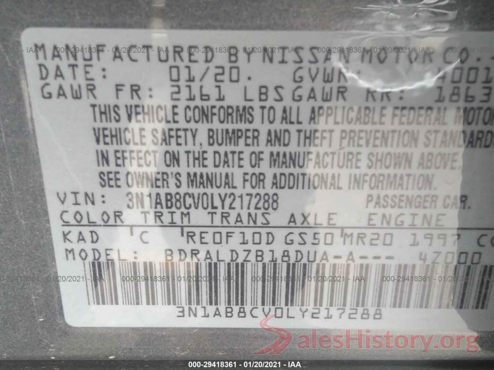 3N1AB8CV0LY217288 2020 NISSAN SENTRA