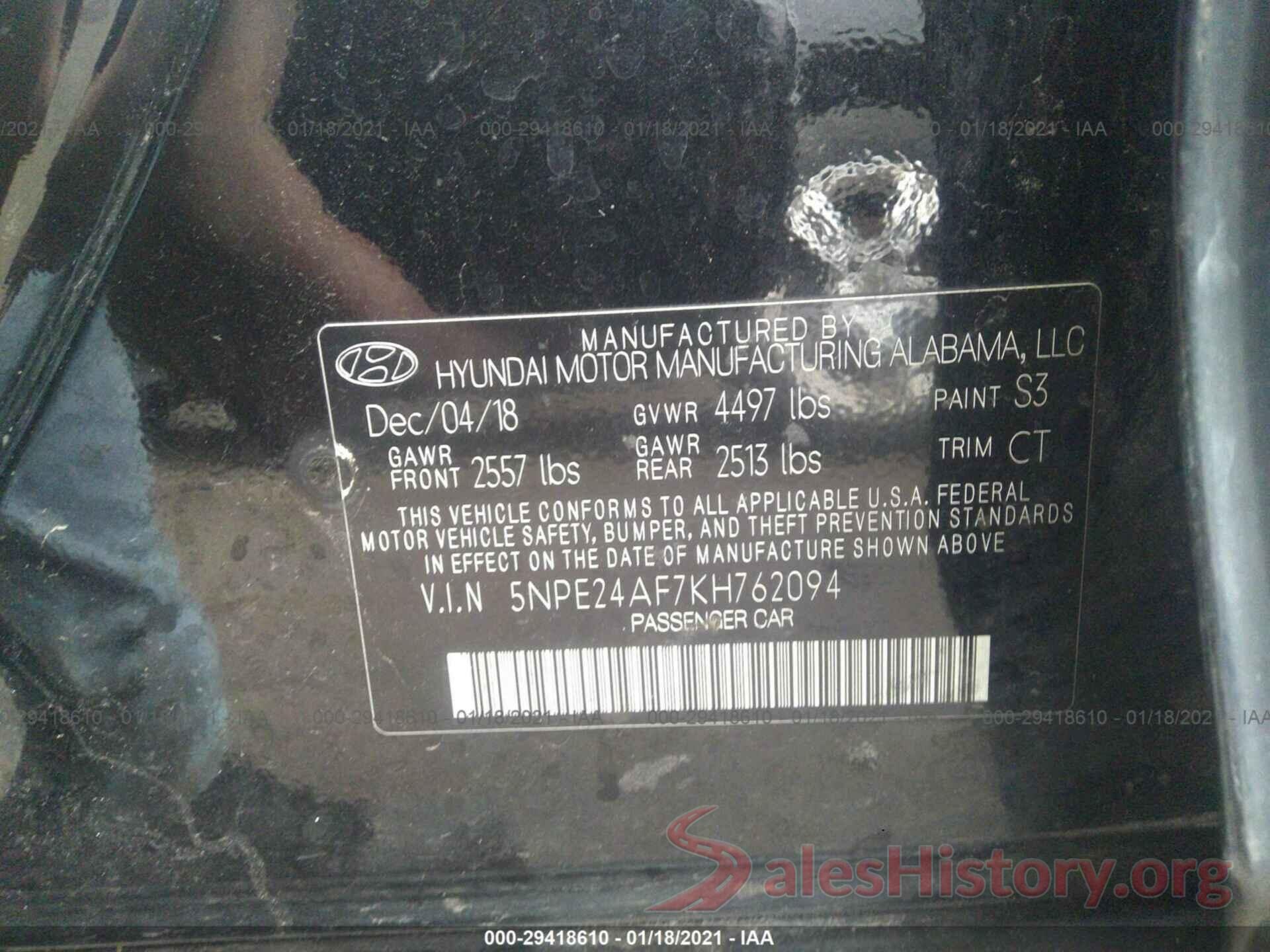 5NPE24AF7KH762094 2019 HYUNDAI SONATA