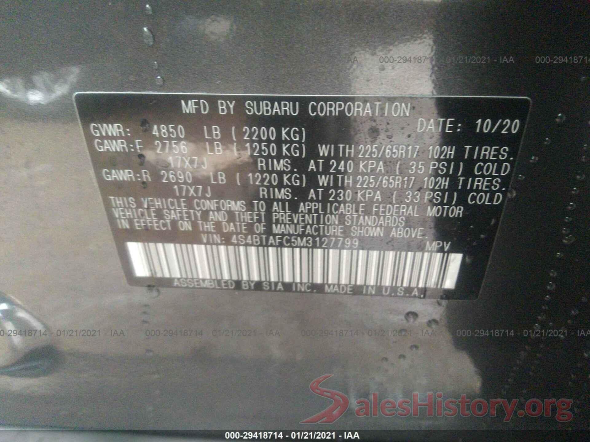 4S4BTAFC5M3127799 2020 SUBARU OUTBACK