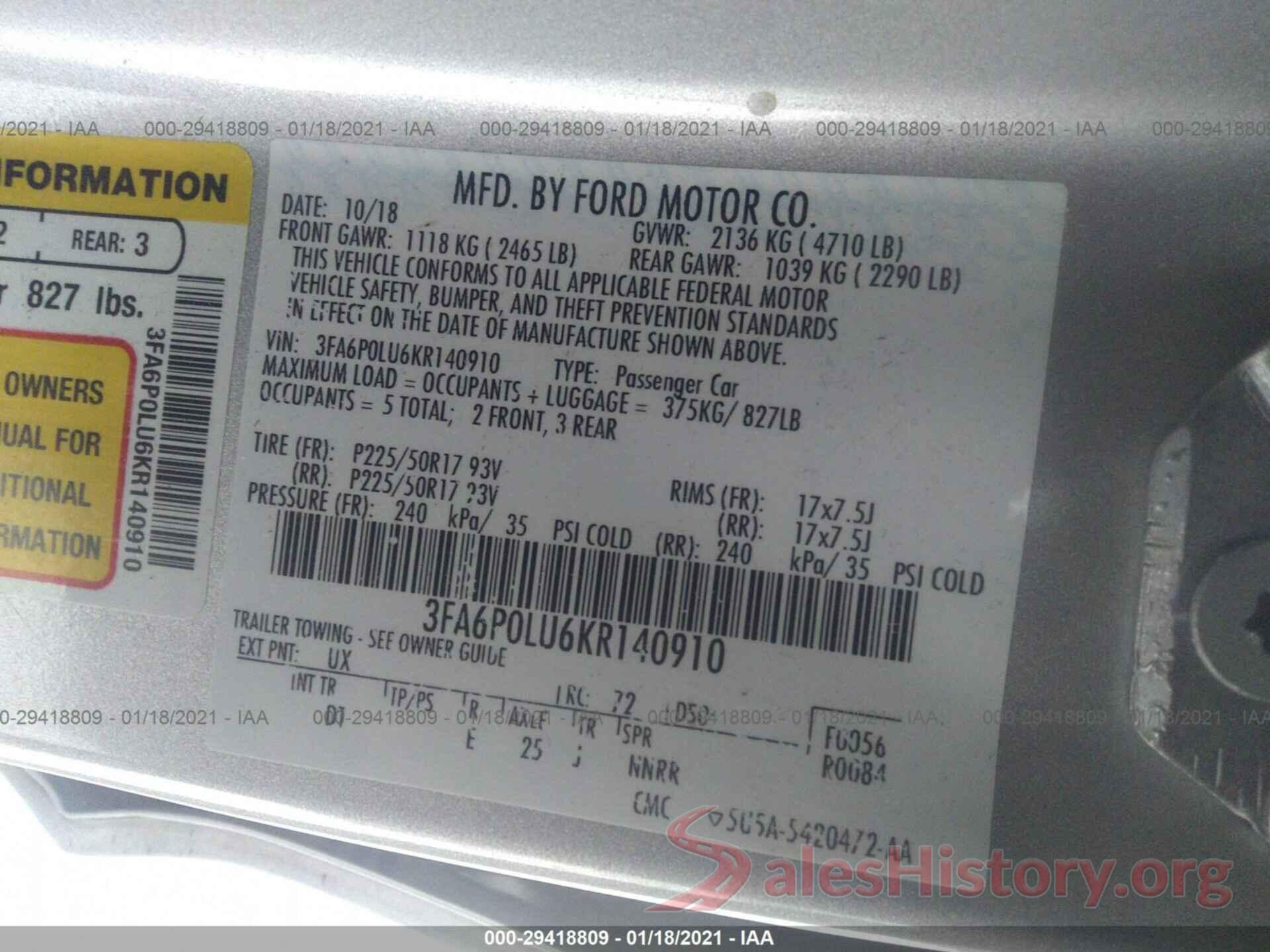 3FA6P0LU6KR140910 2019 FORD FUSION HYBRID