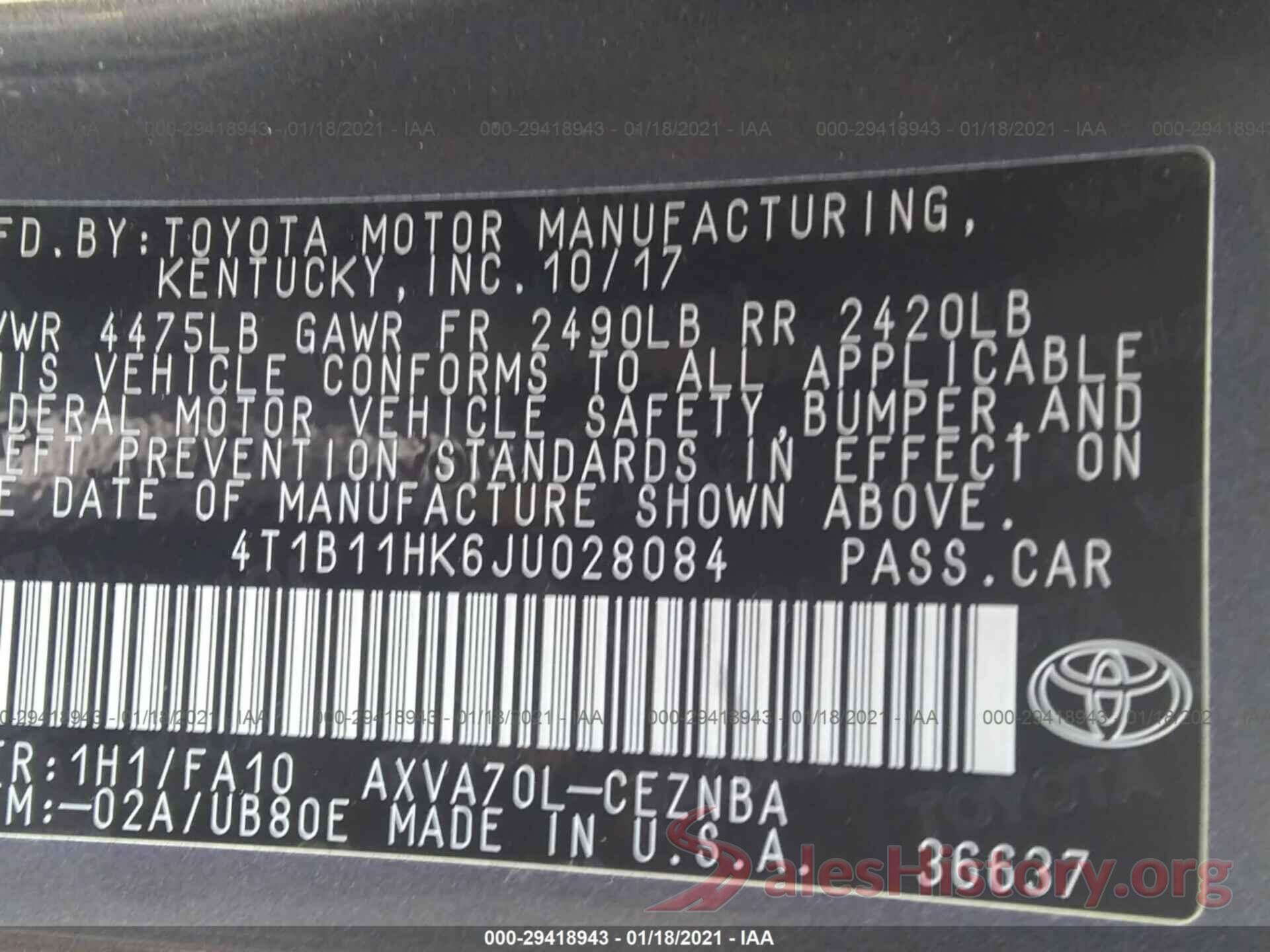 4T1B11HK6JU028084 2018 TOYOTA CAMRY