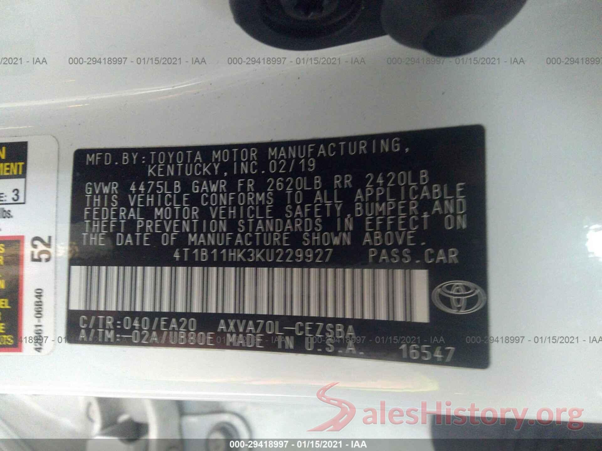 4T1B11HK3KU229927 2019 TOYOTA CAMRY