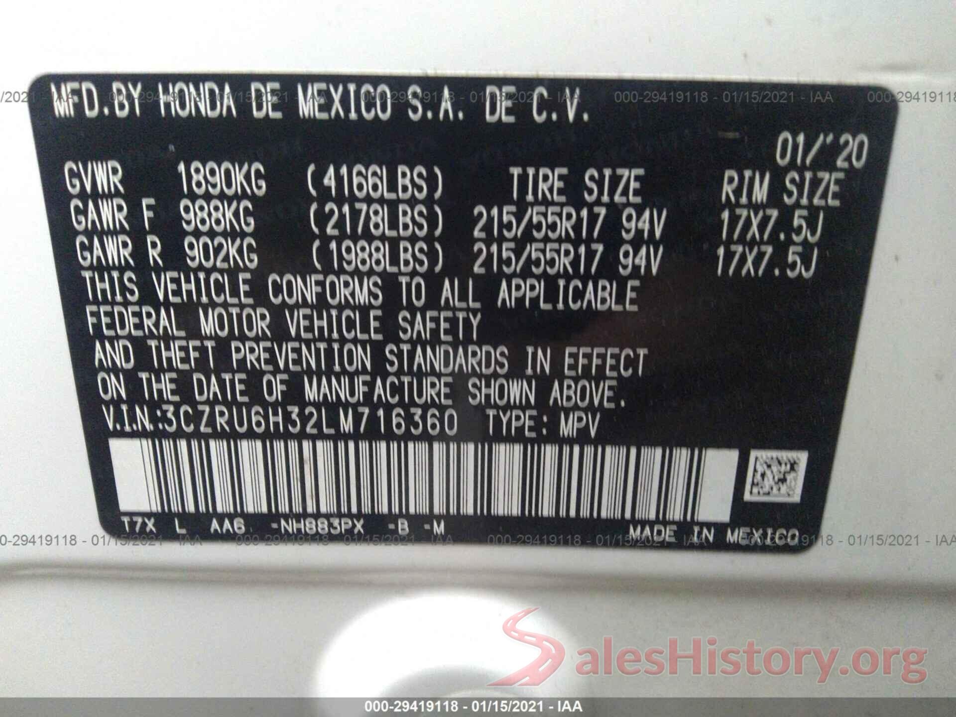 3CZRU6H32LM716360 2020 HONDA HR-V