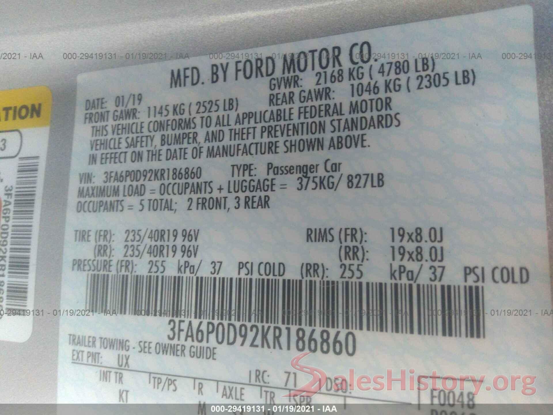 3FA6P0D92KR186860 2019 FORD FUSION