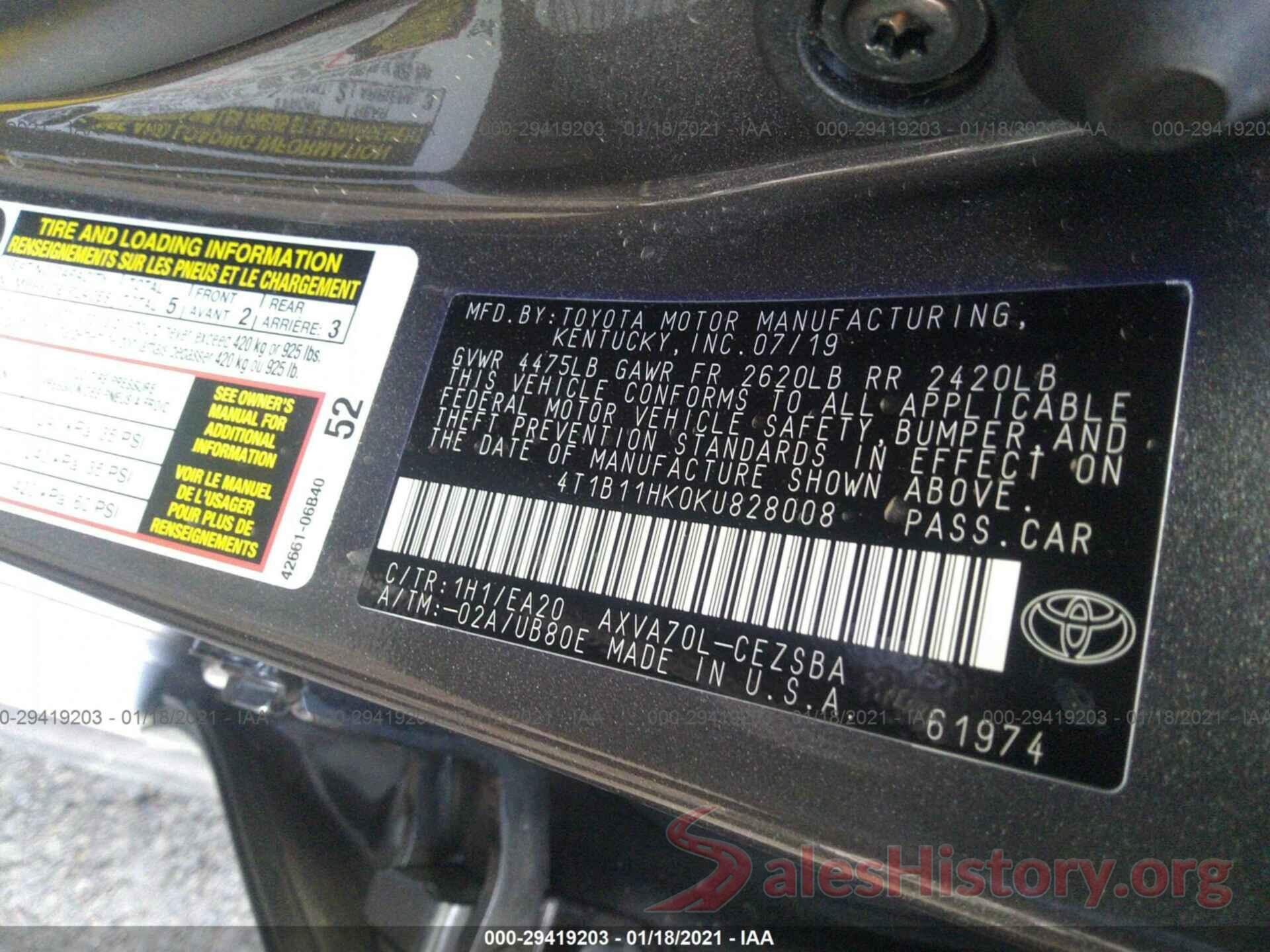 4T1B11HK0KU828008 2019 TOYOTA CAMRY