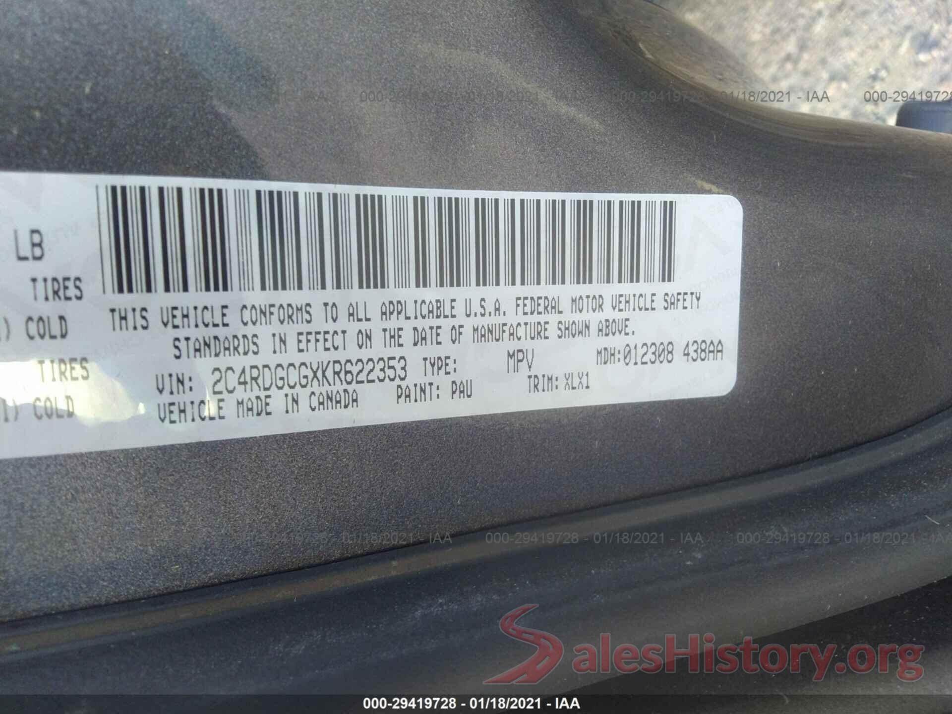 2C4RDGCGXKR622353 2019 DODGE GRAND CARAVAN