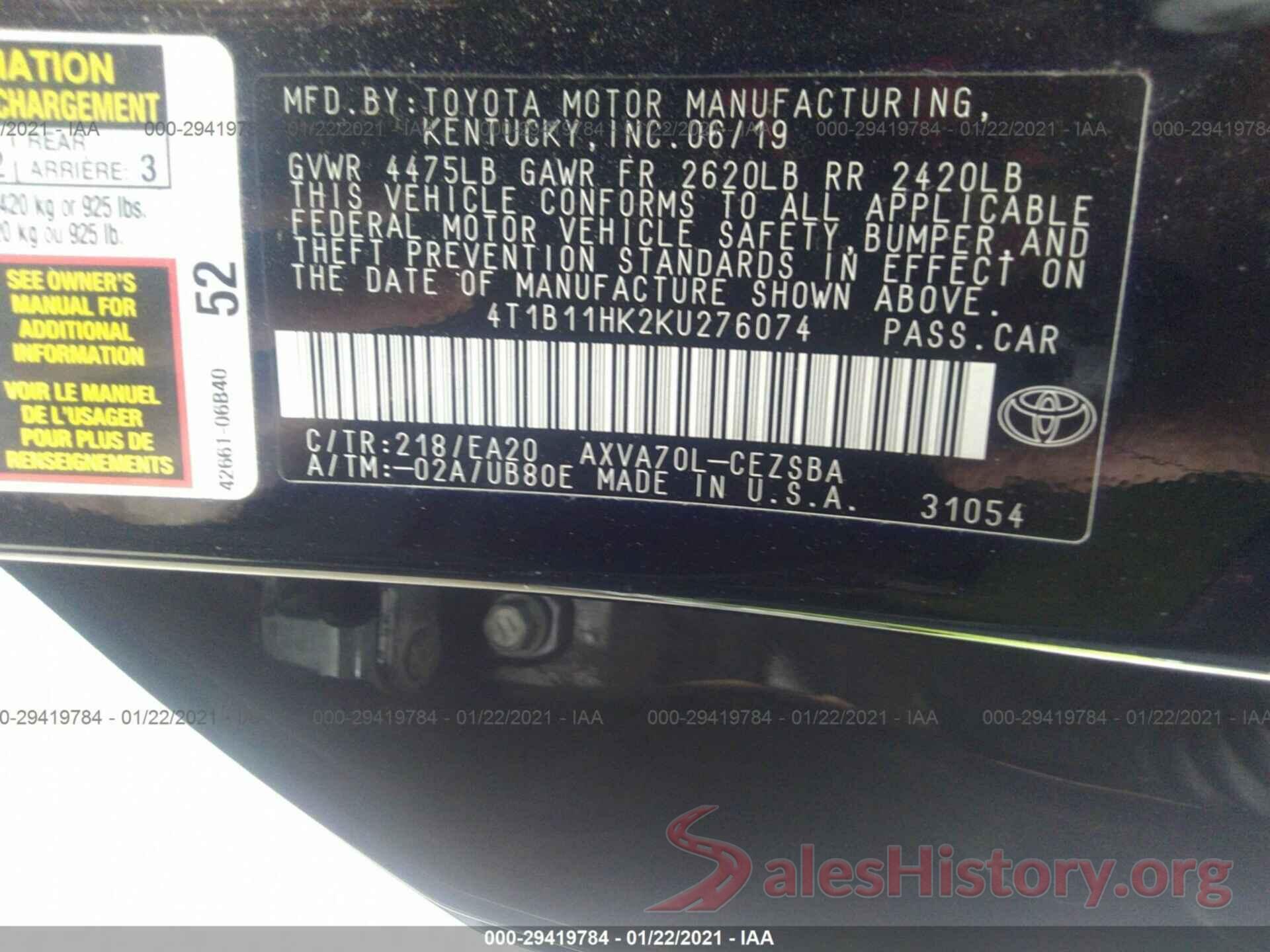 4T1B11HK2KU276074 2019 TOYOTA CAMRY