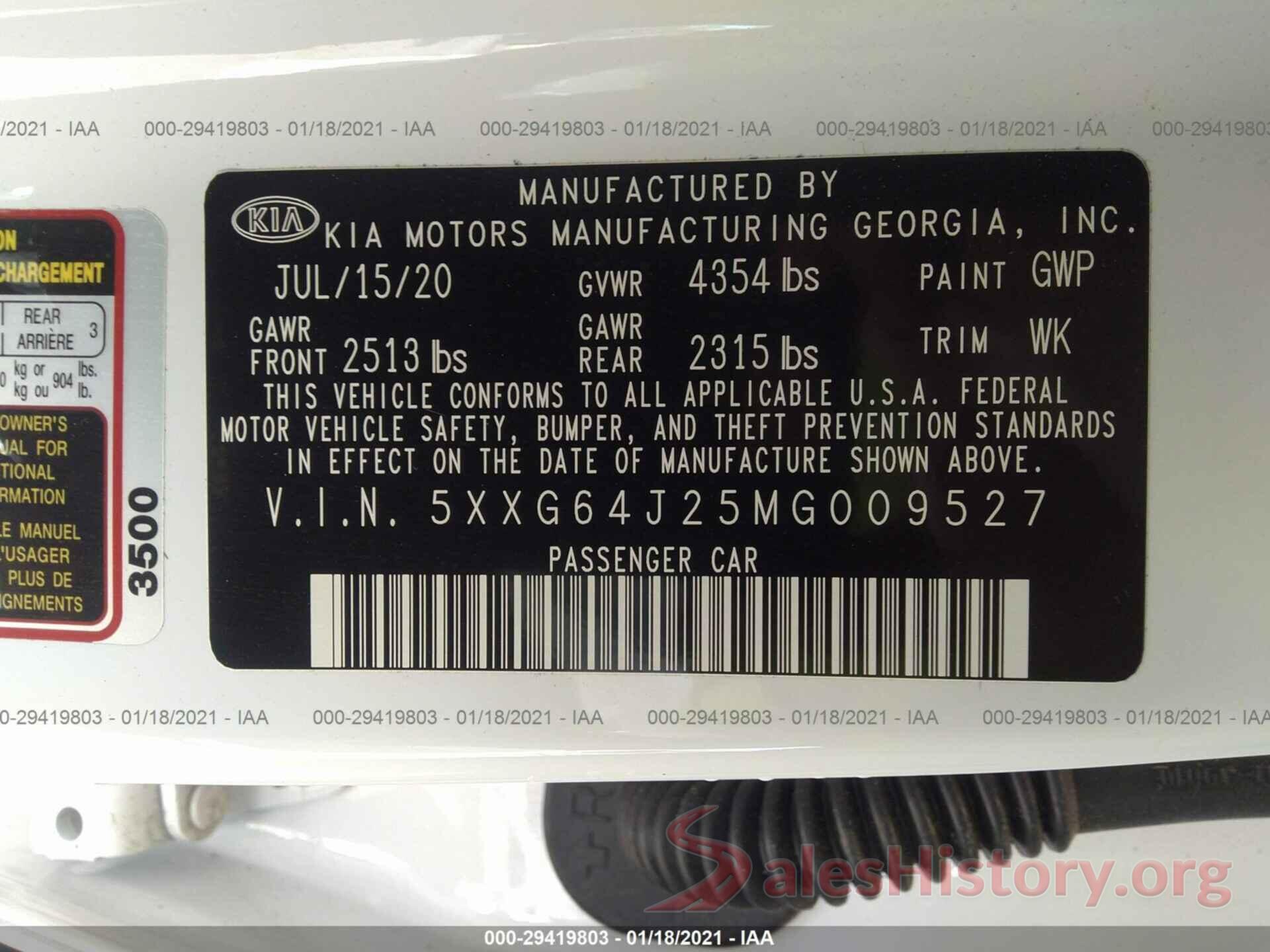 5XXG64J25MG009527 2021 KIA K5