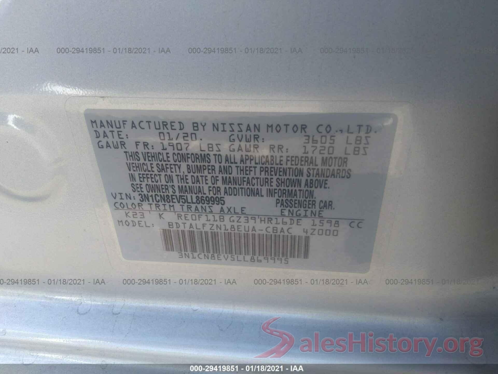 3N1CN8EV5LL869995 2020 NISSAN VERSA