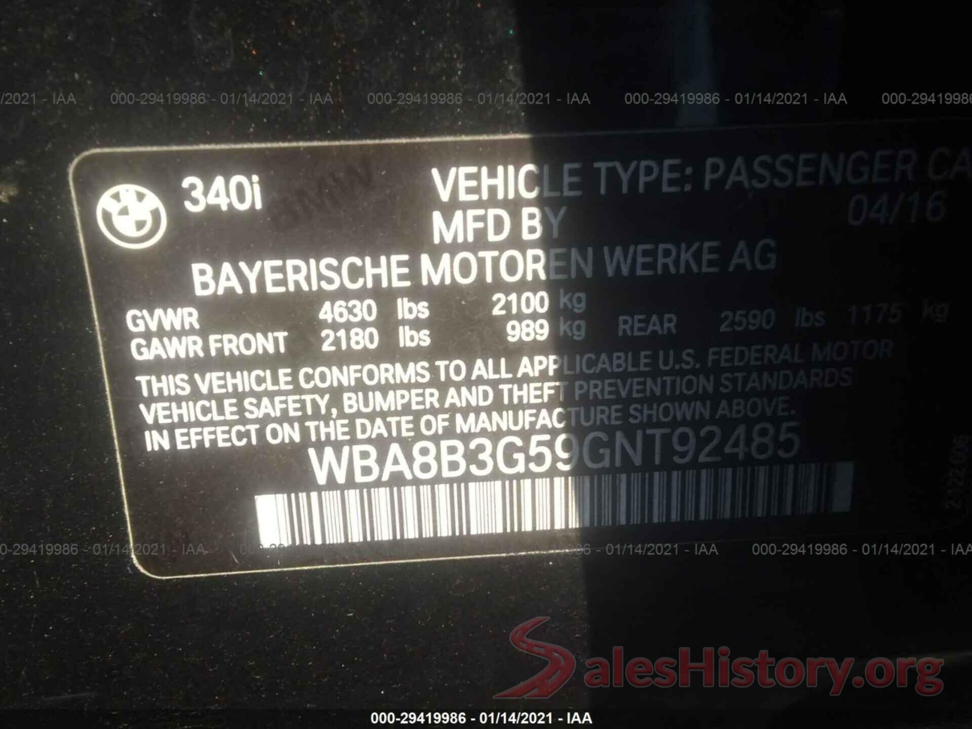 WBA8B3G59GNT92485 2016 BMW 3 SERIES