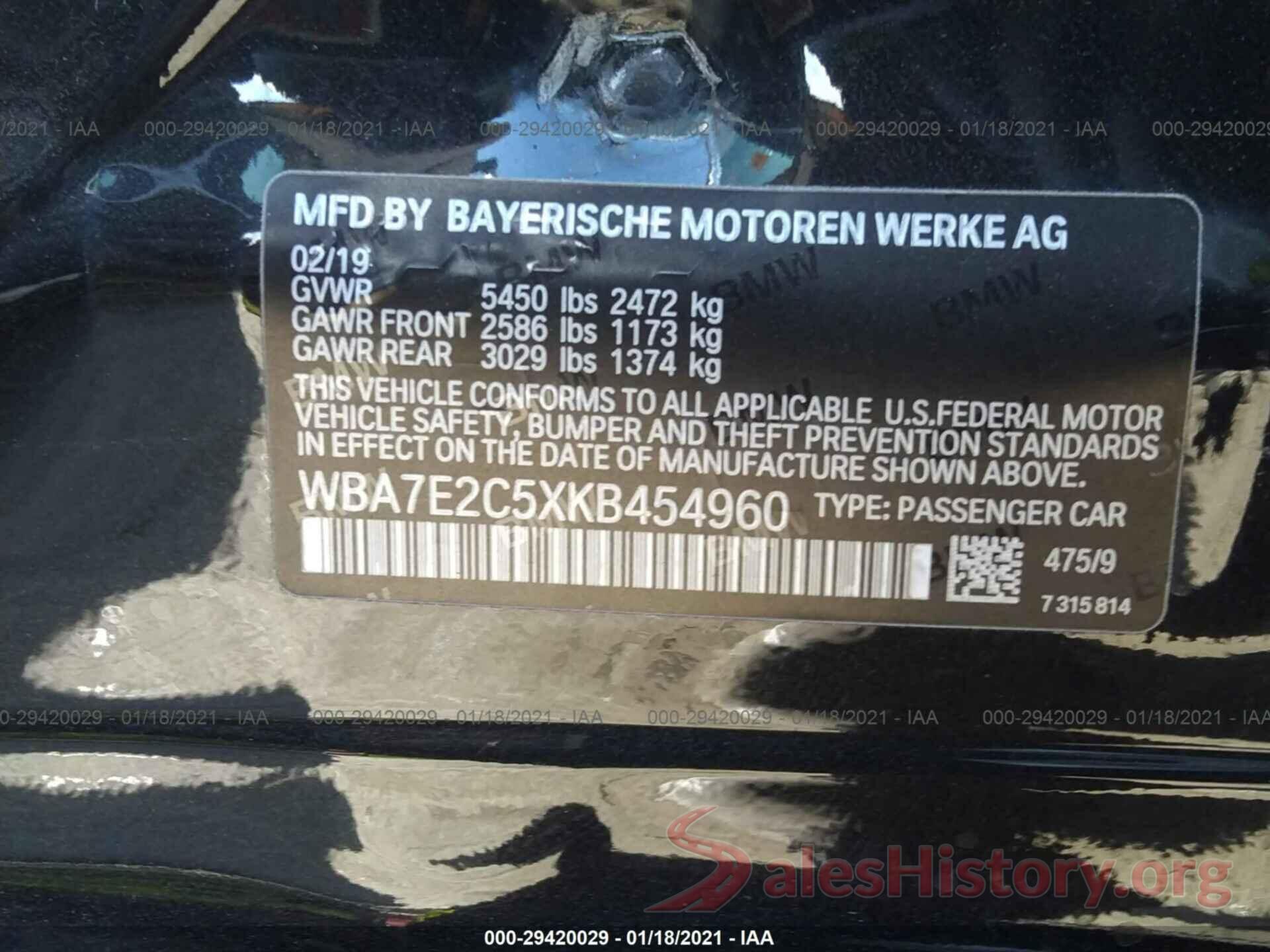 WBA7E2C5XKB454960 2019 BMW 7 SERIES