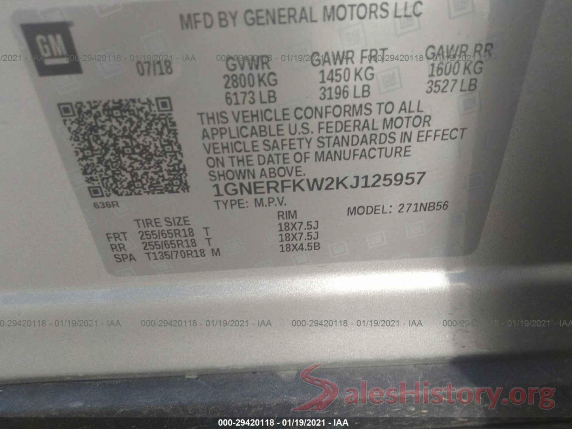 1GNERFKW2KJ125957 2019 CHEVROLET TRAVERSE