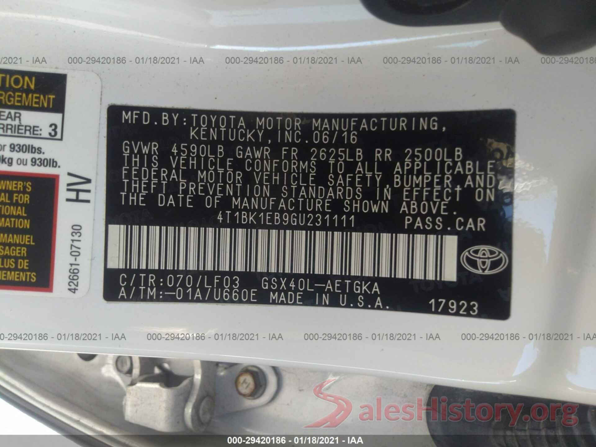 4T1BK1EB9GU231111 2016 TOYOTA AVALON