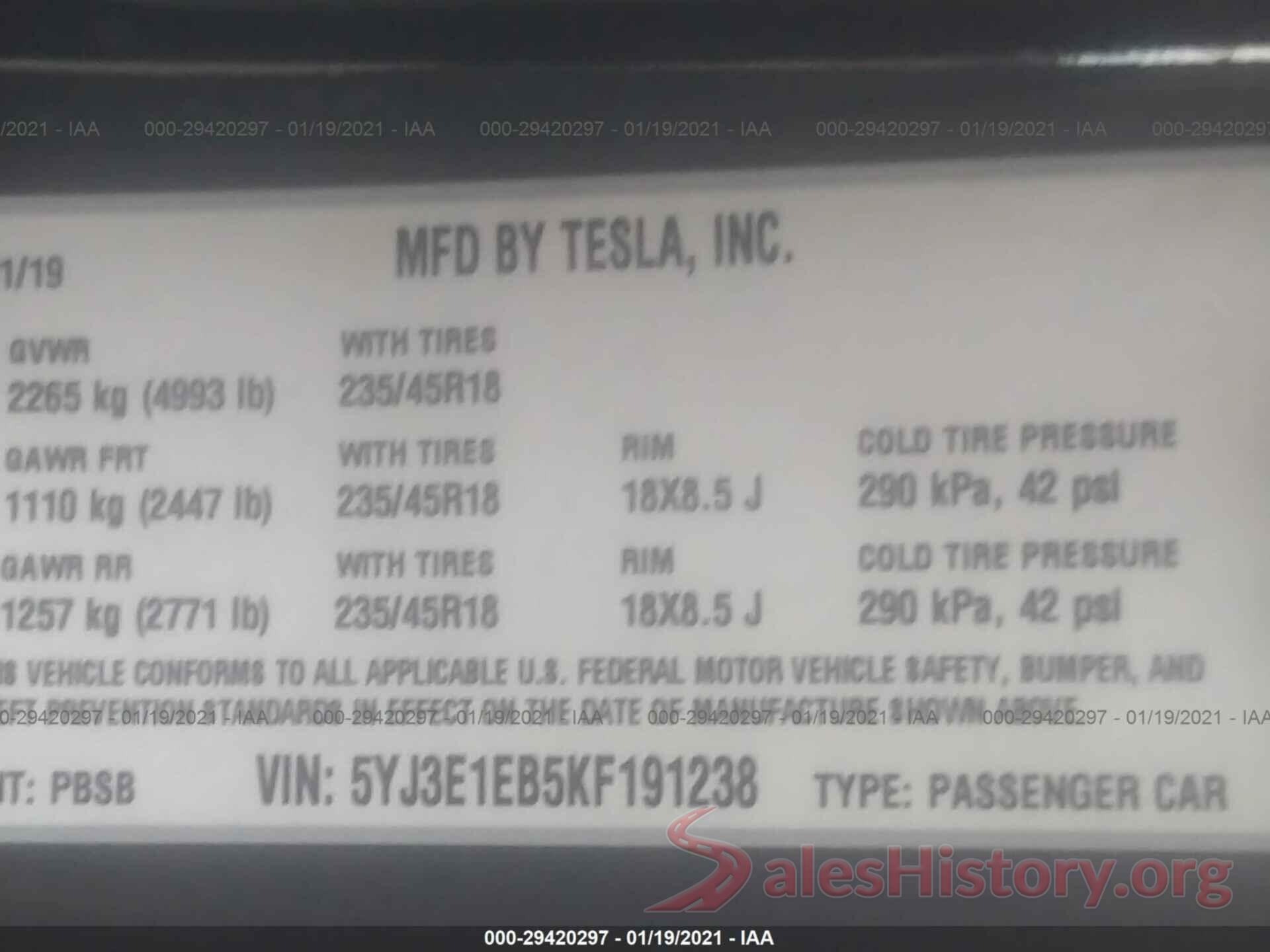 5YJ3E1EB5KF191238 2019 TESLA MODEL 3