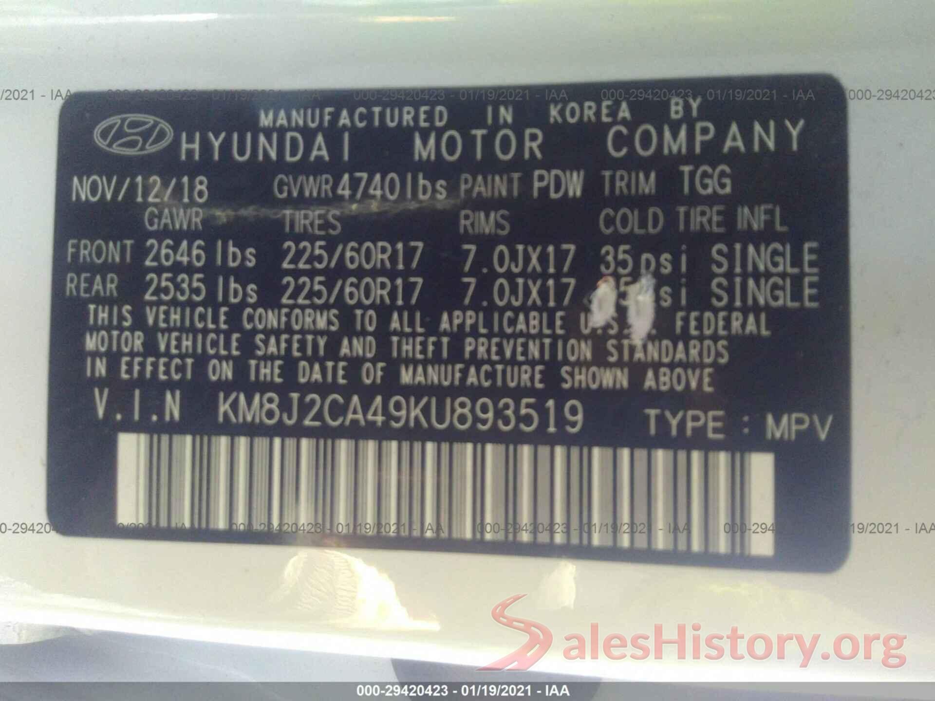 KM8J2CA49KU893519 2019 HYUNDAI TUCSON