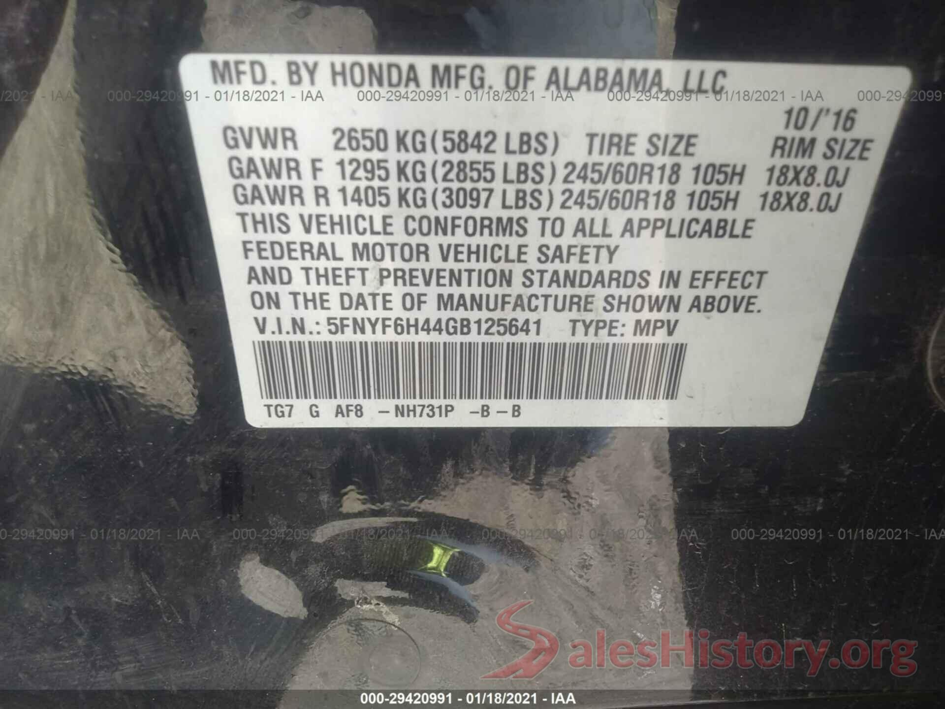 5FNYF6H44GB125641 2016 HONDA PILOT