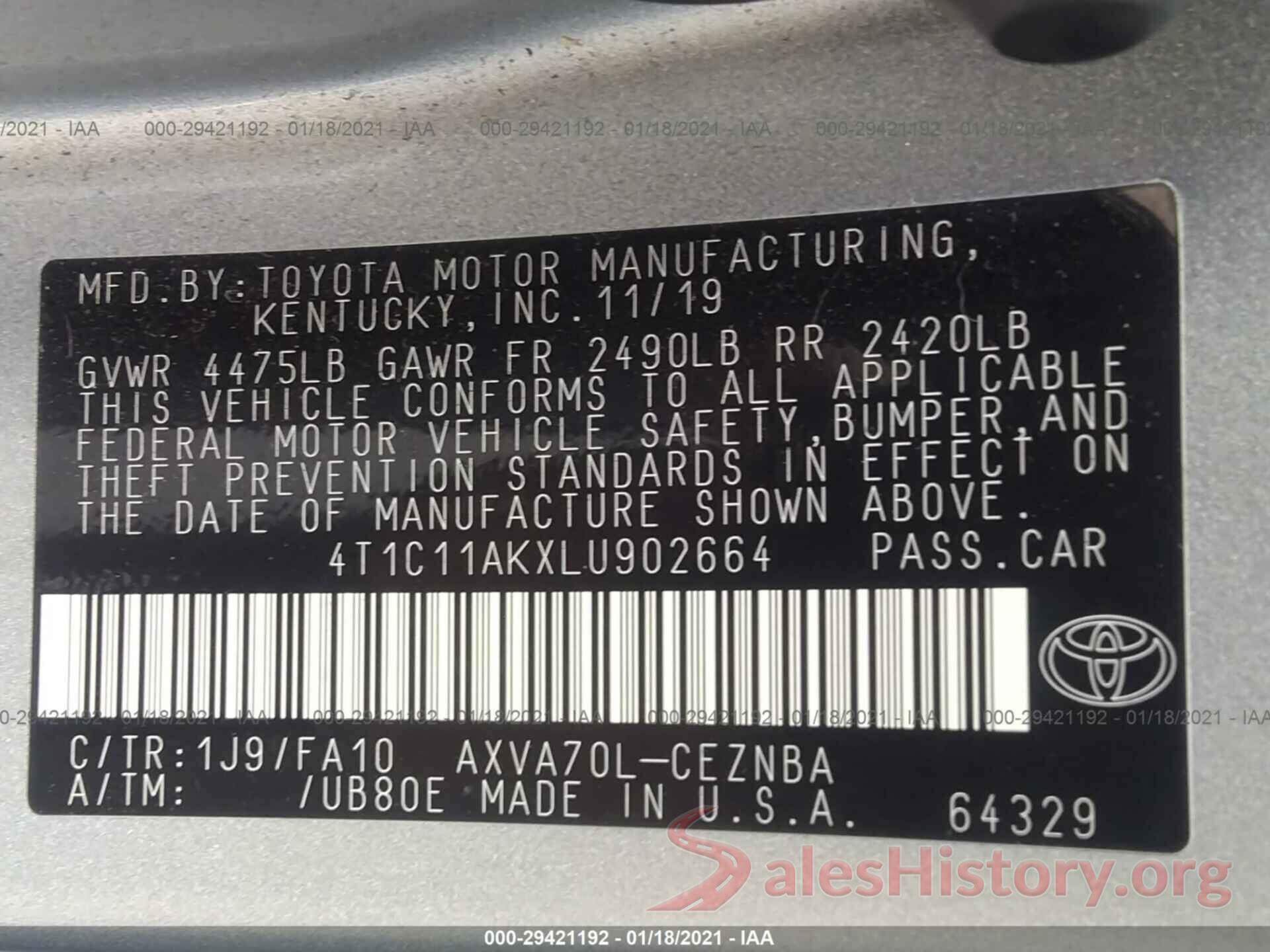 4T1C11AKXLU902664 2020 TOYOTA CAMRY