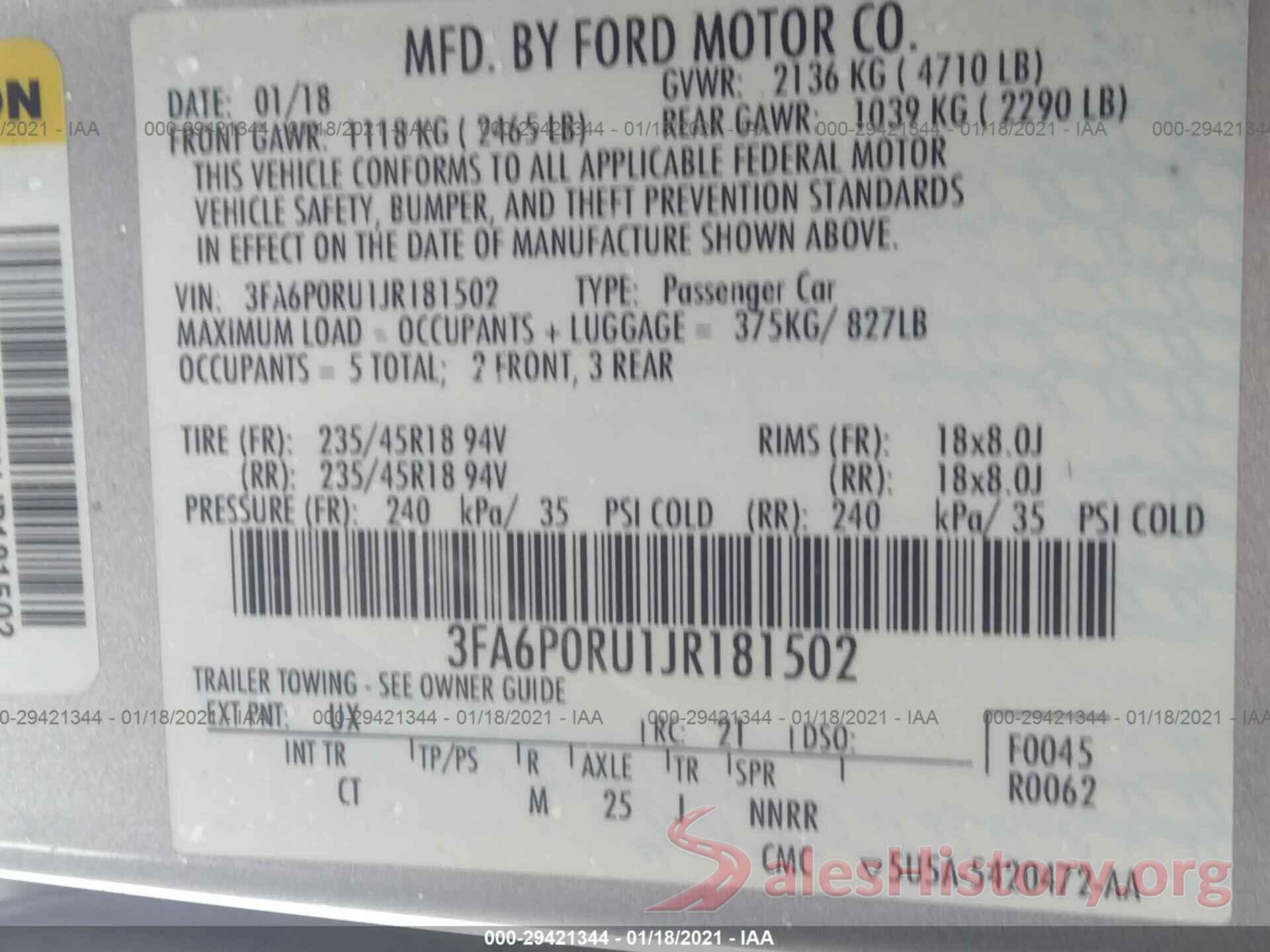 3FA6P0RU1JR181502 2018 FORD FUSION HYBRID