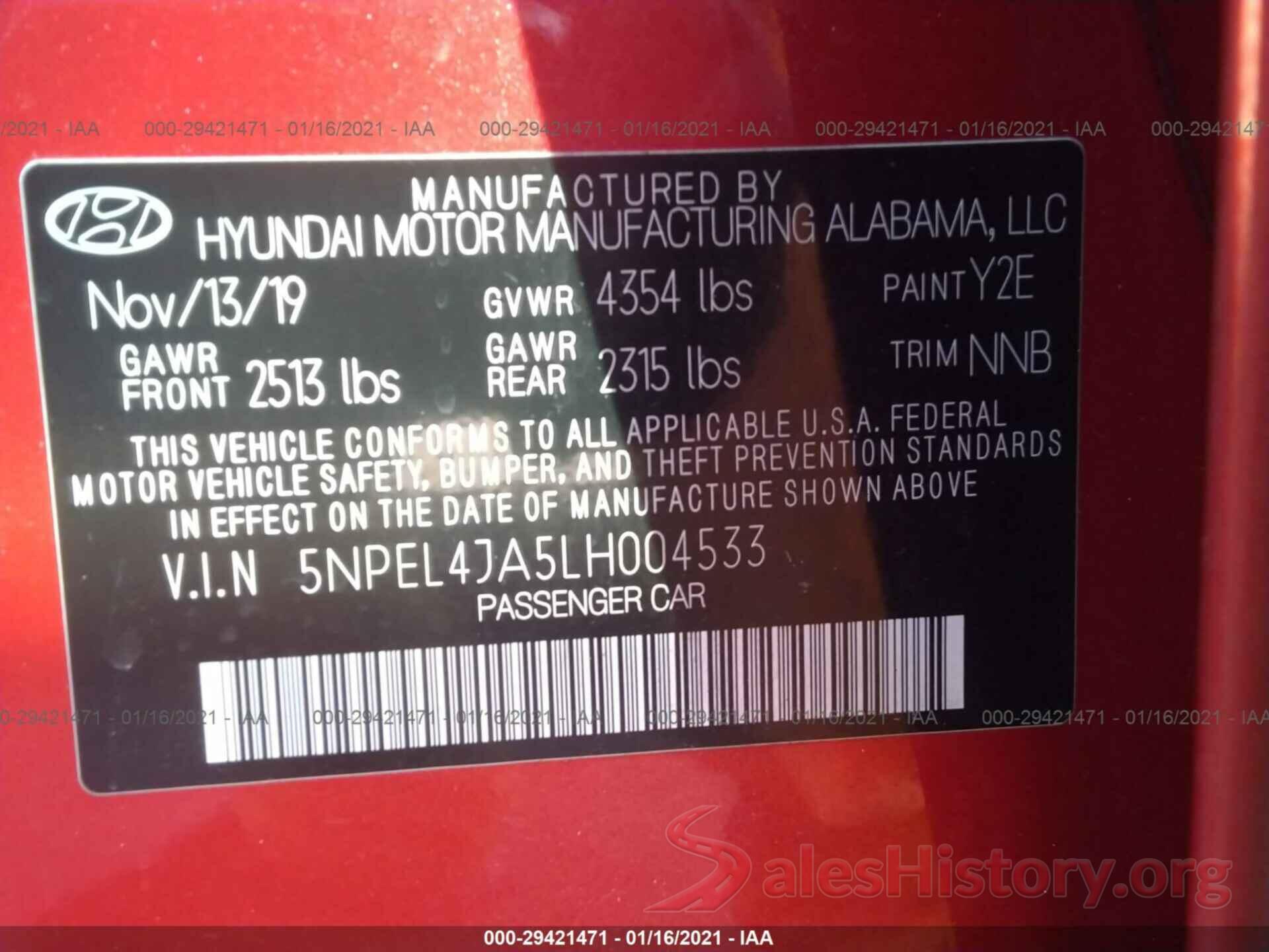 5NPEL4JA5LH004533 2020 HYUNDAI SONATA