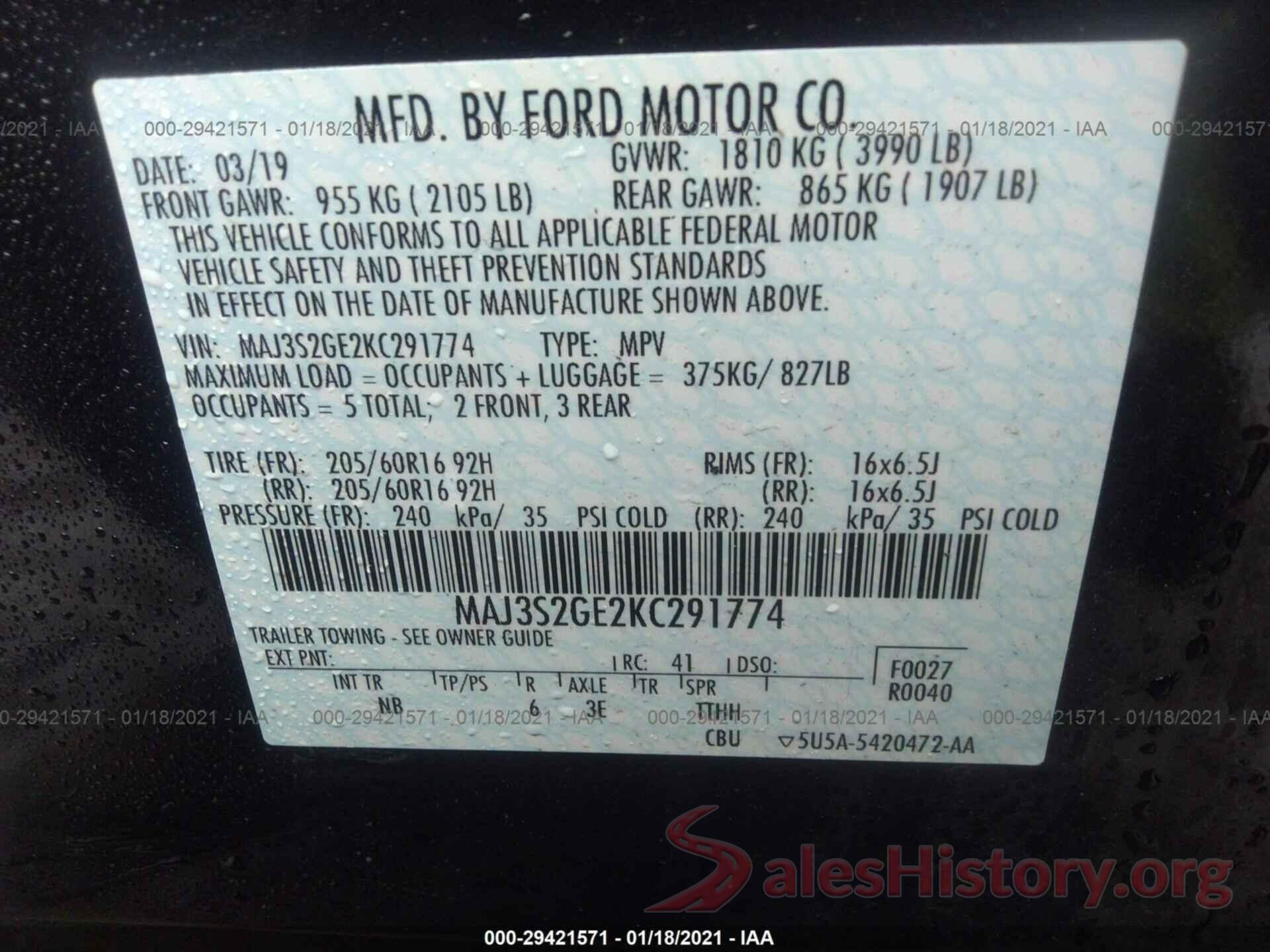 MAJ3S2GE2KC291774 2019 FORD ECOSPORT