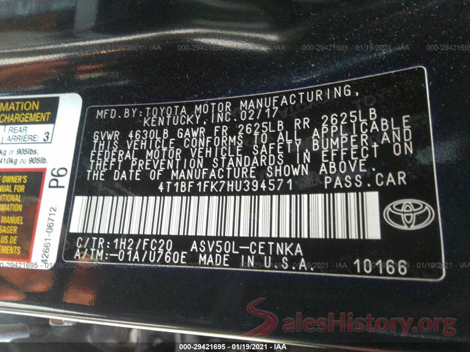 4T1BF1FK7HU394571 2017 TOYOTA CAMRY