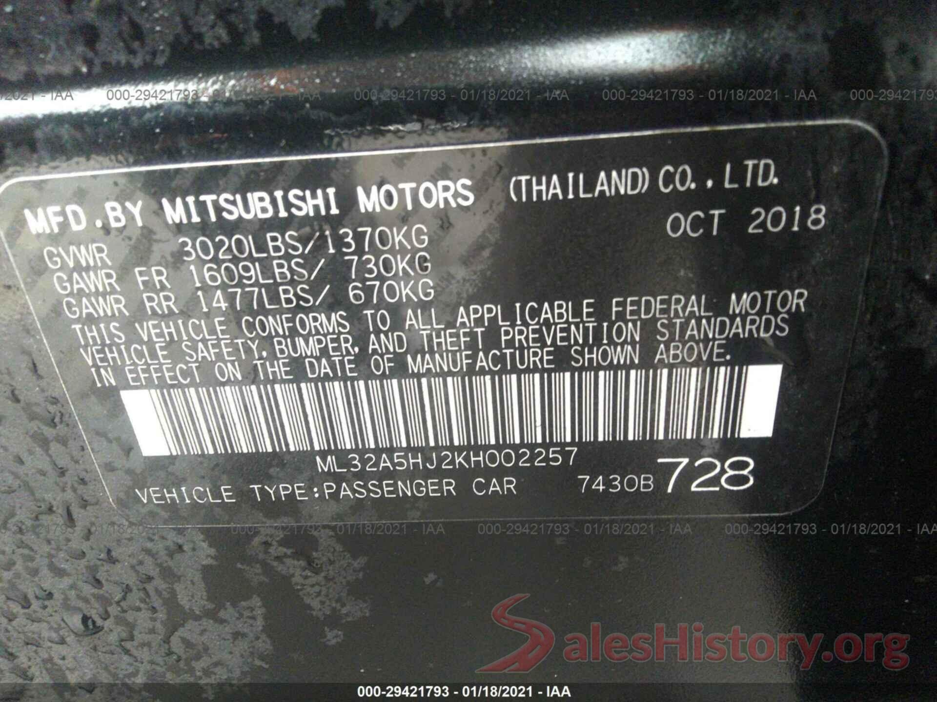 ML32A5HJ2KH002257 2019 MITSUBISHI MIRAGE