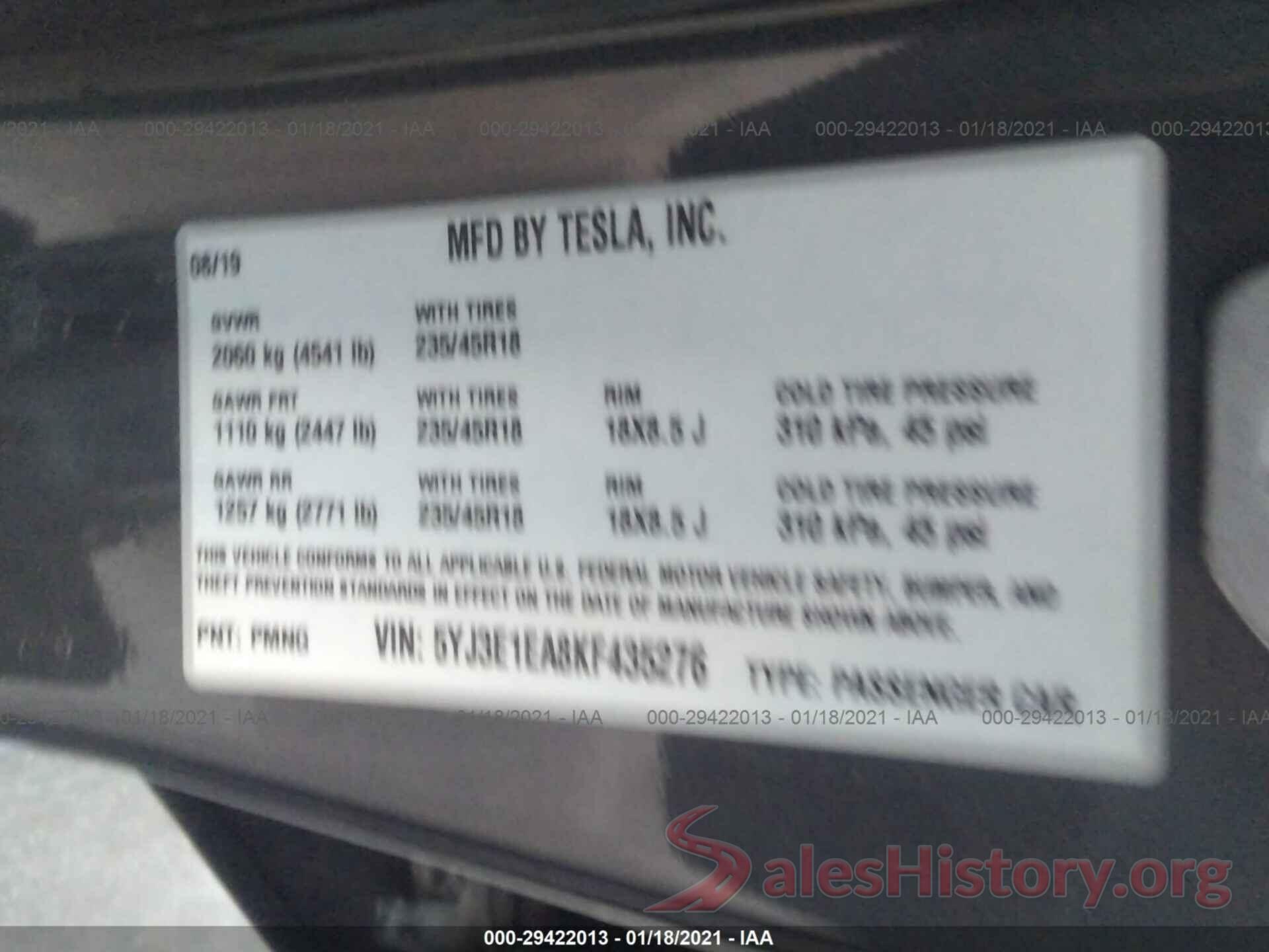 5YJ3E1EA8KF435276 2019 TESLA MODEL 3