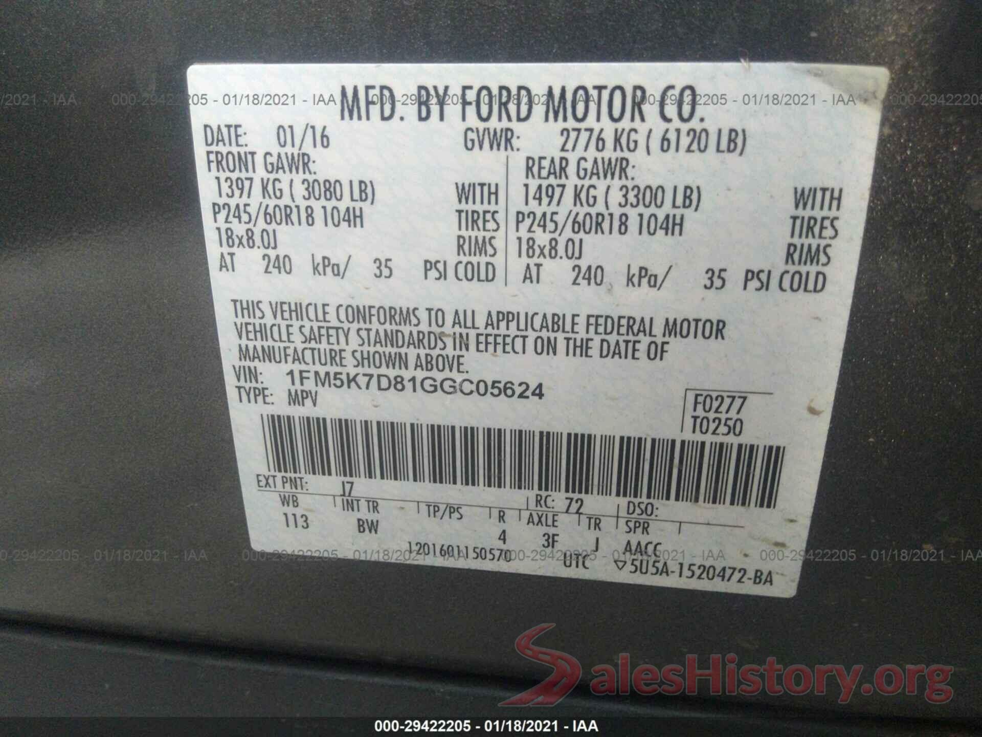 1FM5K7D81GGC05624 2016 FORD EXPLORER