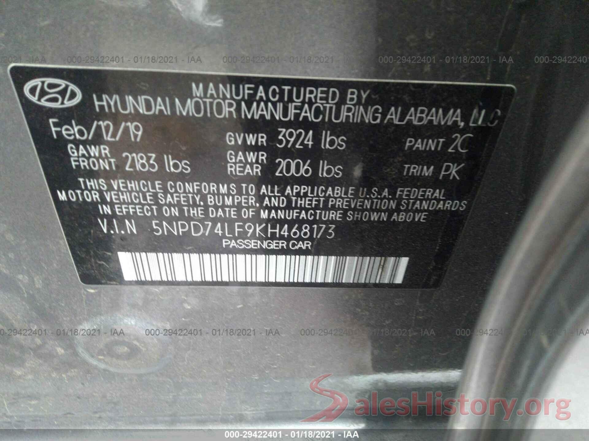 5NPD74LF9KH468173 2019 HYUNDAI ELANTRA