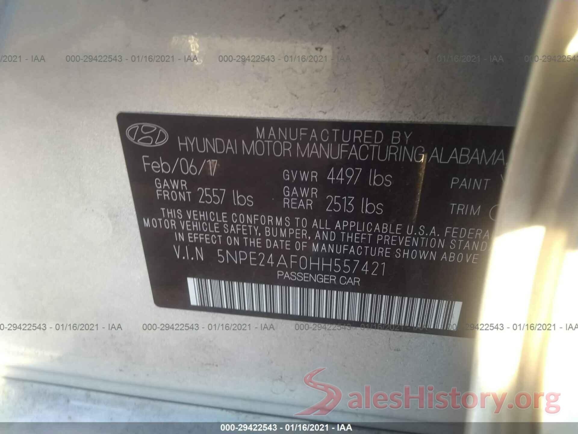 5NPE24AF0HH557421 2017 HYUNDAI SONATA