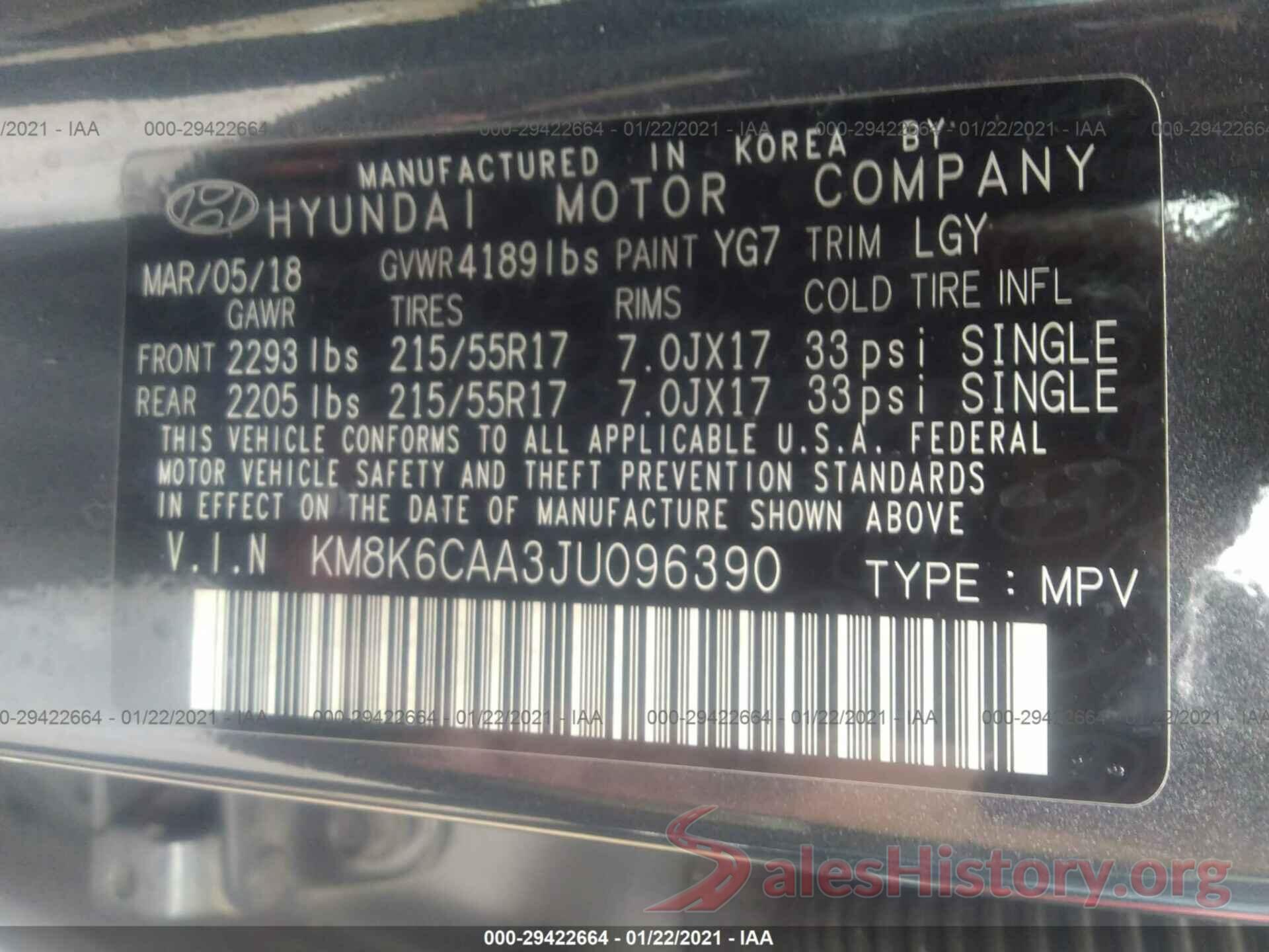 KM8K6CAA3JU096390 2018 HYUNDAI KONA