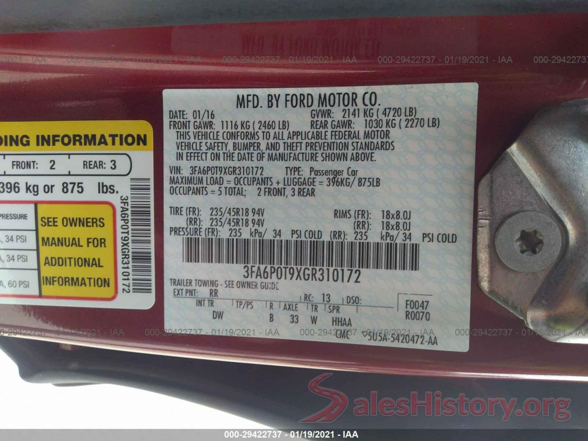 3FA6P0T9XGR310172 2016 FORD FUSION