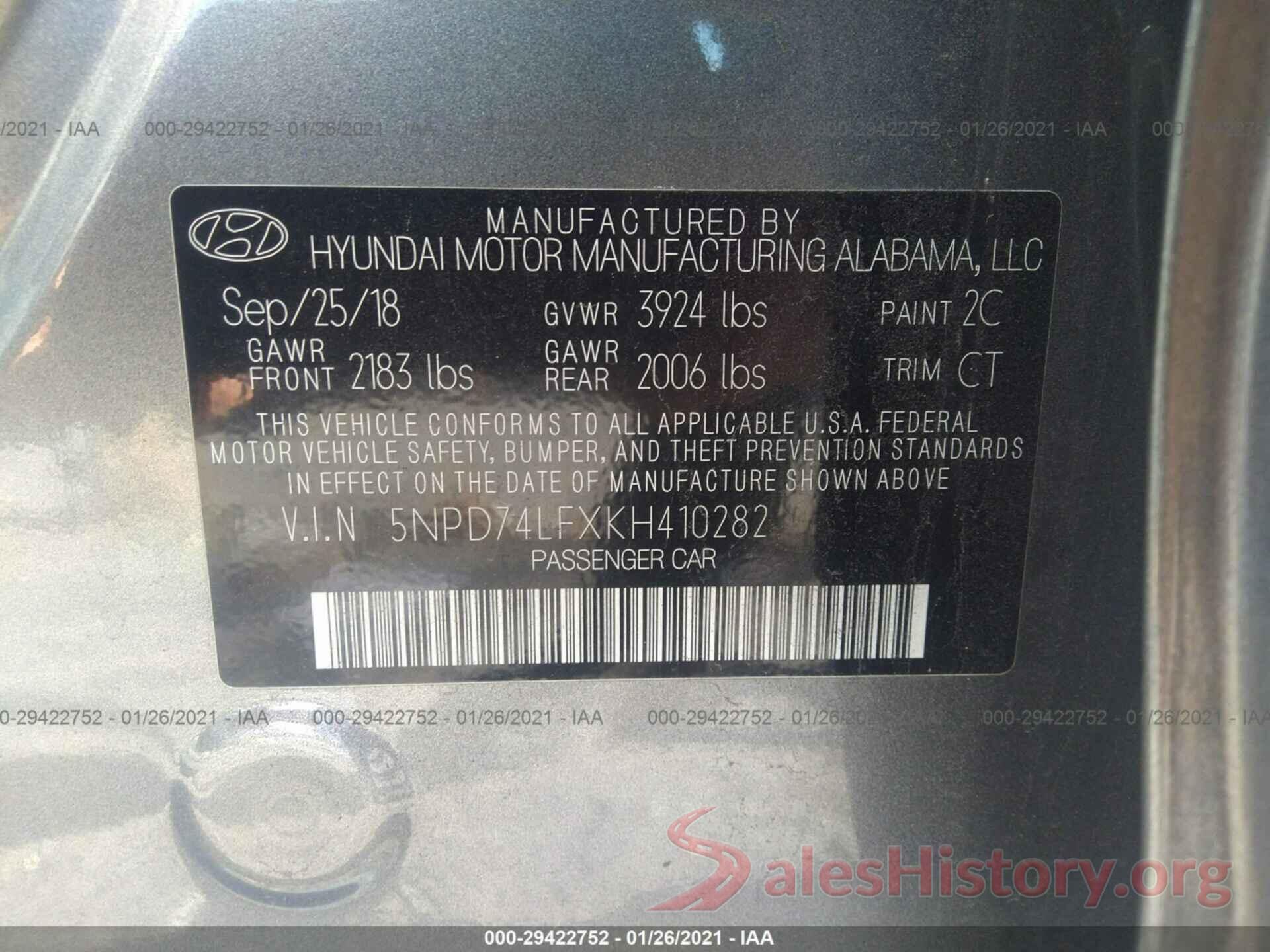 5NPD74LFXKH410282 2019 HYUNDAI ELANTRA