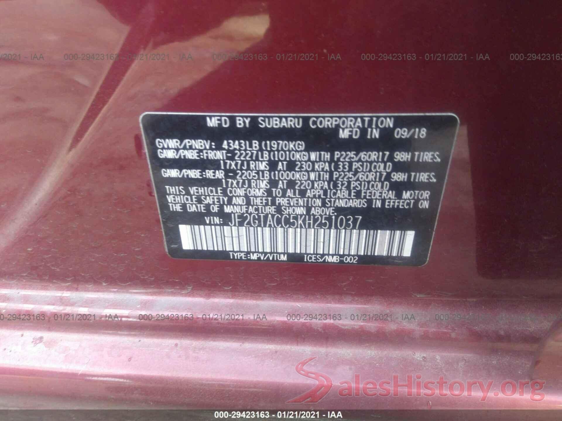 JF2GTACC5KH251037 2019 SUBARU CROSSTREK