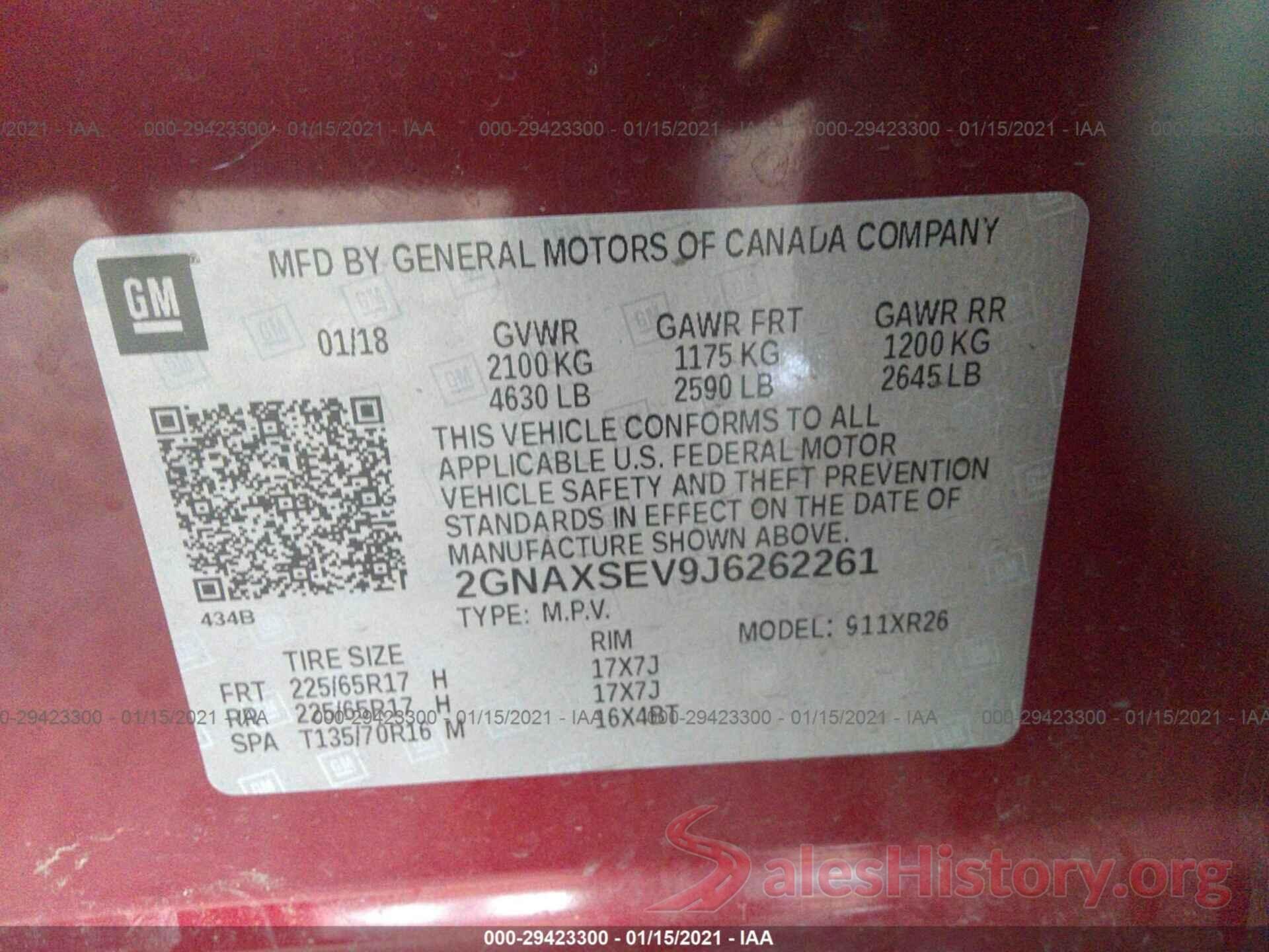 2GNAXSEV9J6262261 2018 CHEVROLET EQUINOX