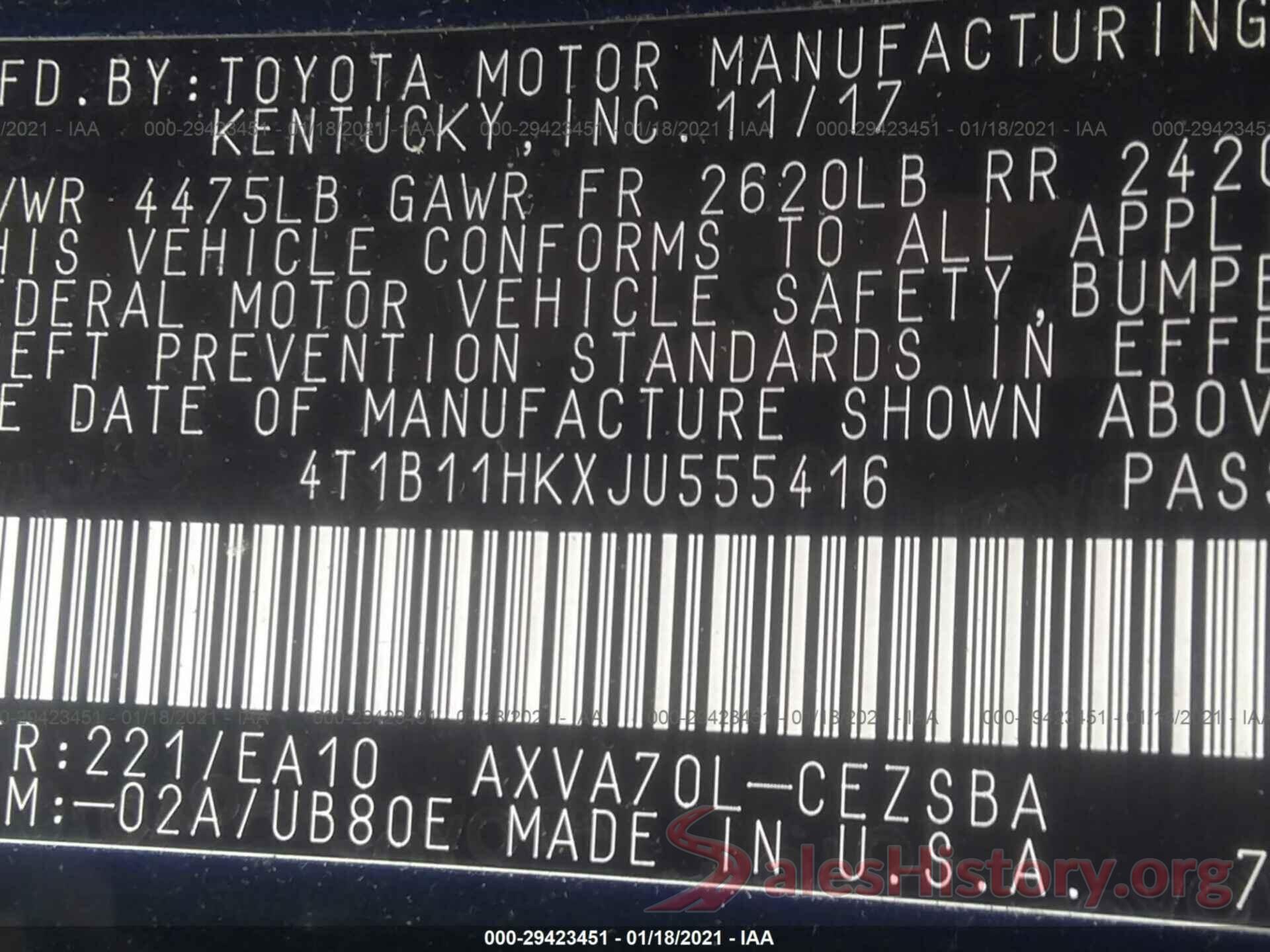 4T1B11HKXJU555416 2018 TOYOTA CAMRY