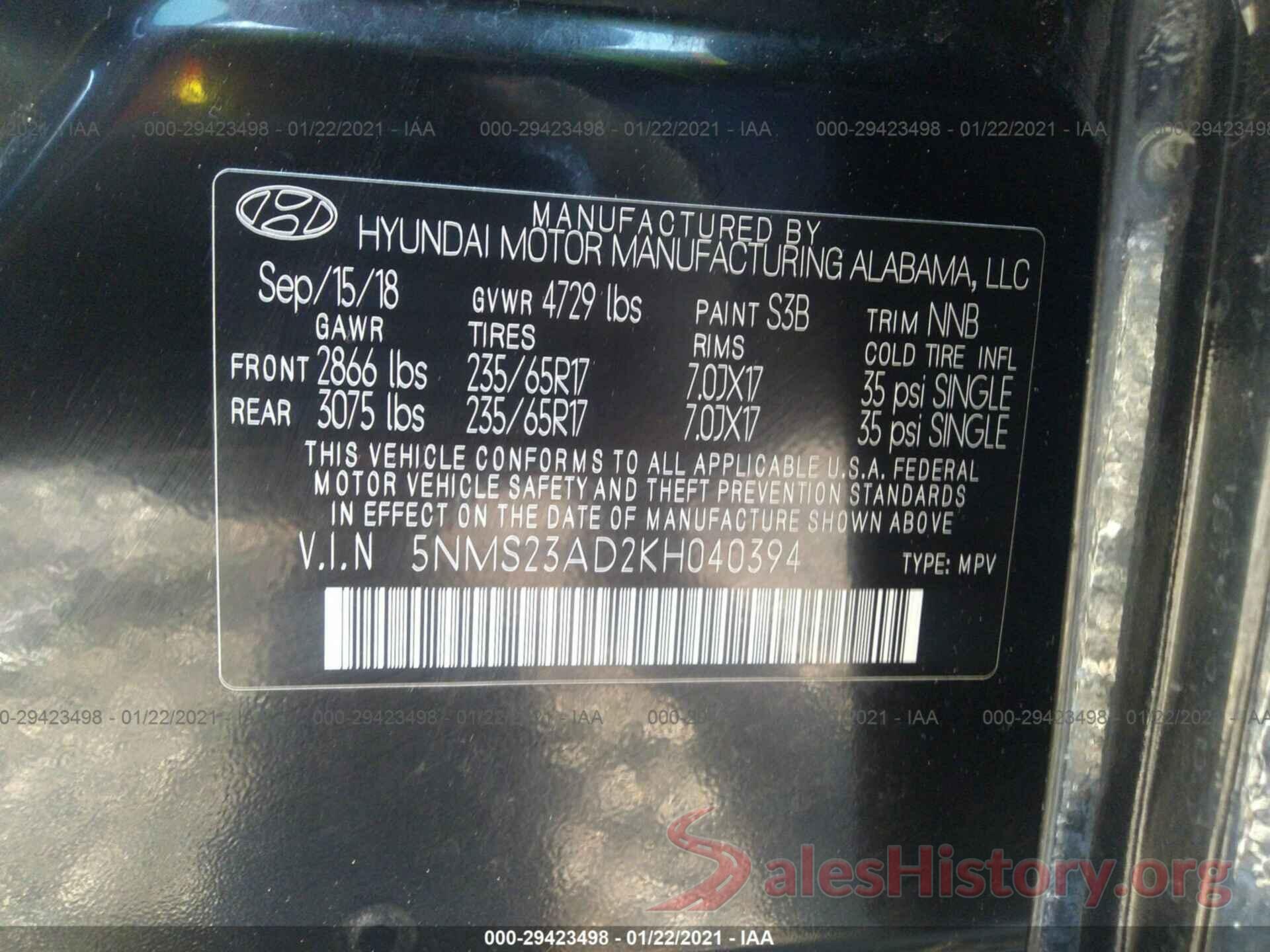 5NMS23AD2KH040394 2019 HYUNDAI SANTA FE