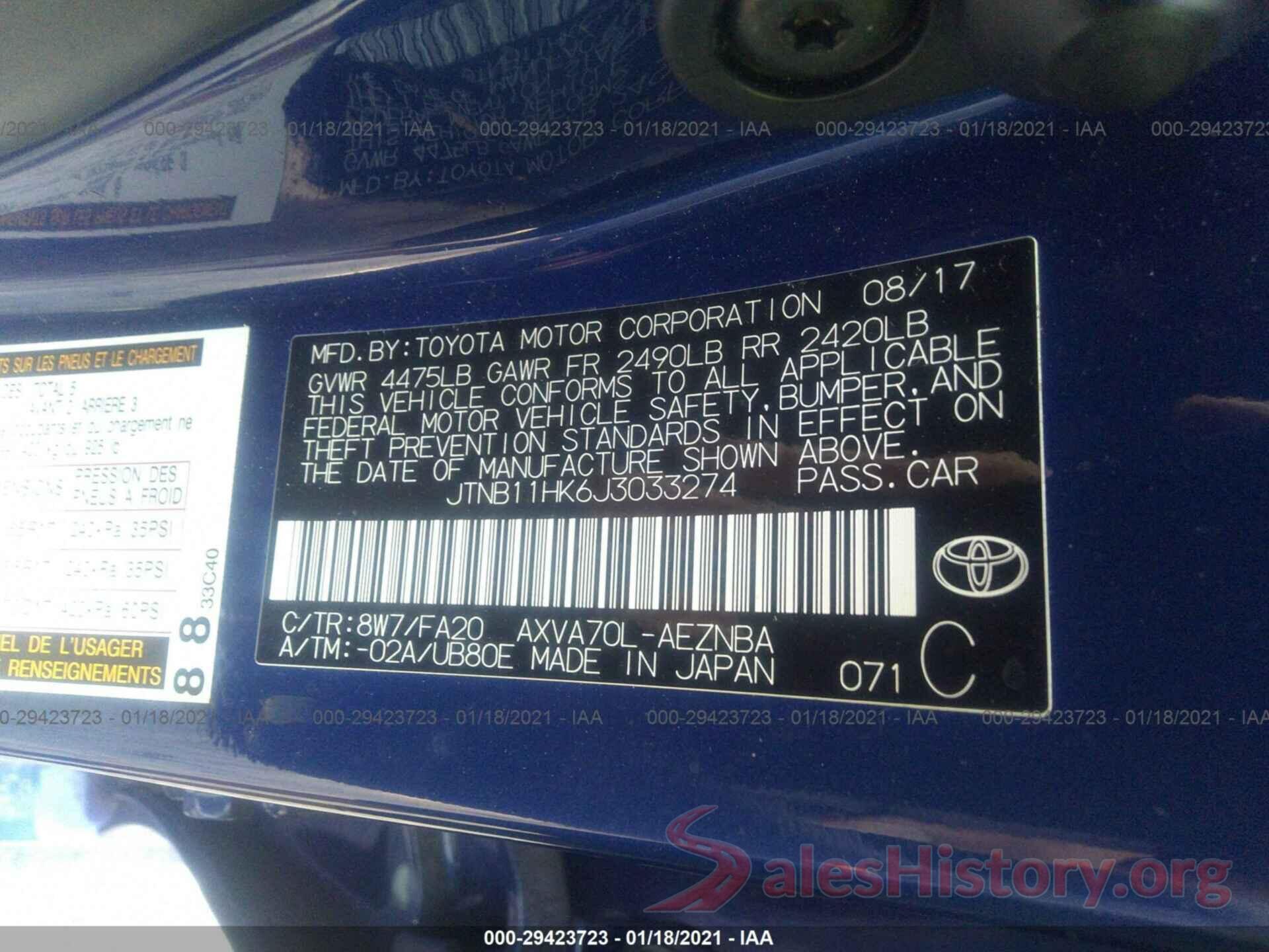 JTNB11HK6J3033274 2018 TOYOTA CAMRY