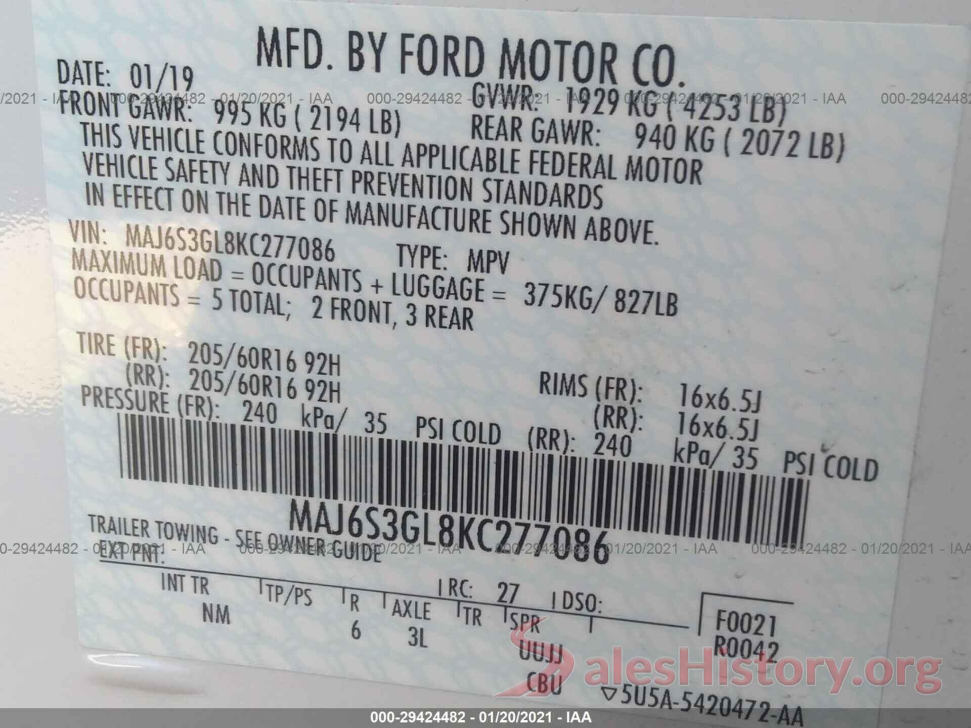 MAJ6S3GL8KC277086 2019 FORD ECOSPORT