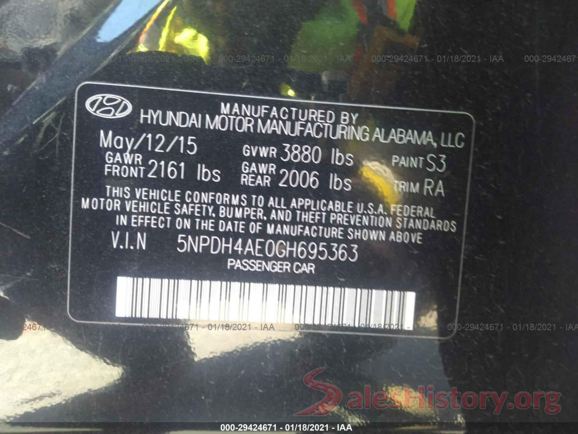 5NPDH4AE0GH695363 2016 HYUNDAI ELANTRA