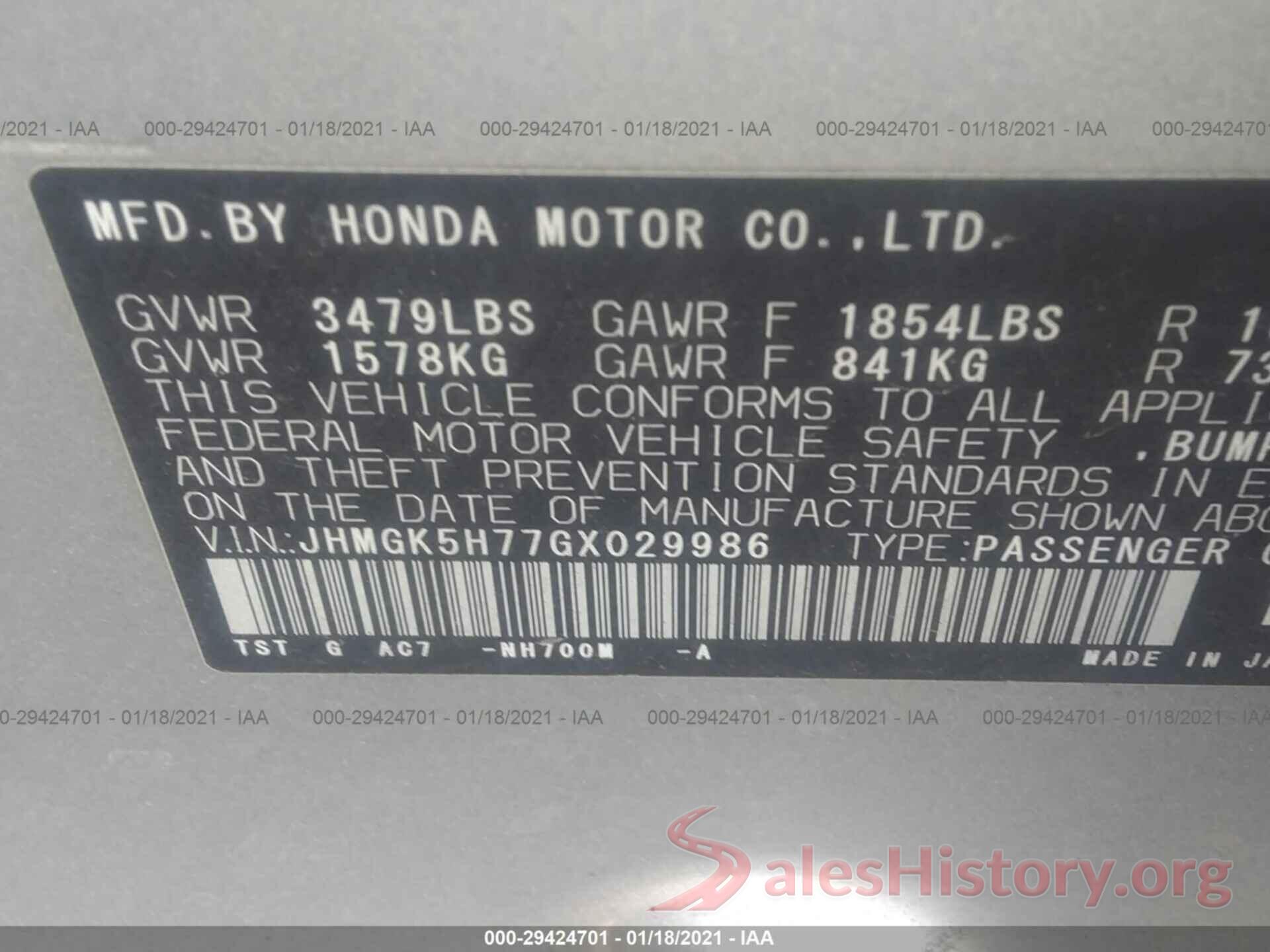 JHMGK5H77GX029986 2016 HONDA FIT