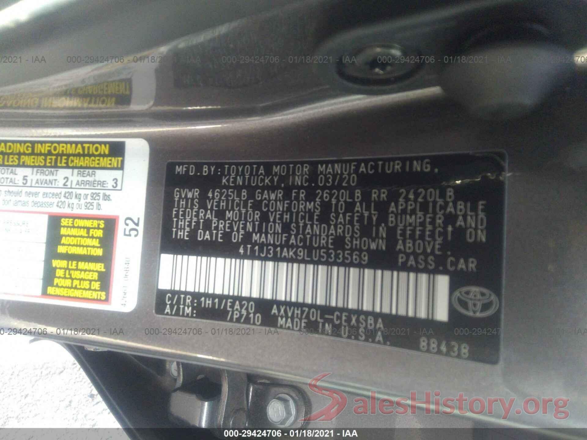 4T1J31AK9LU533569 2020 TOYOTA CAMRY