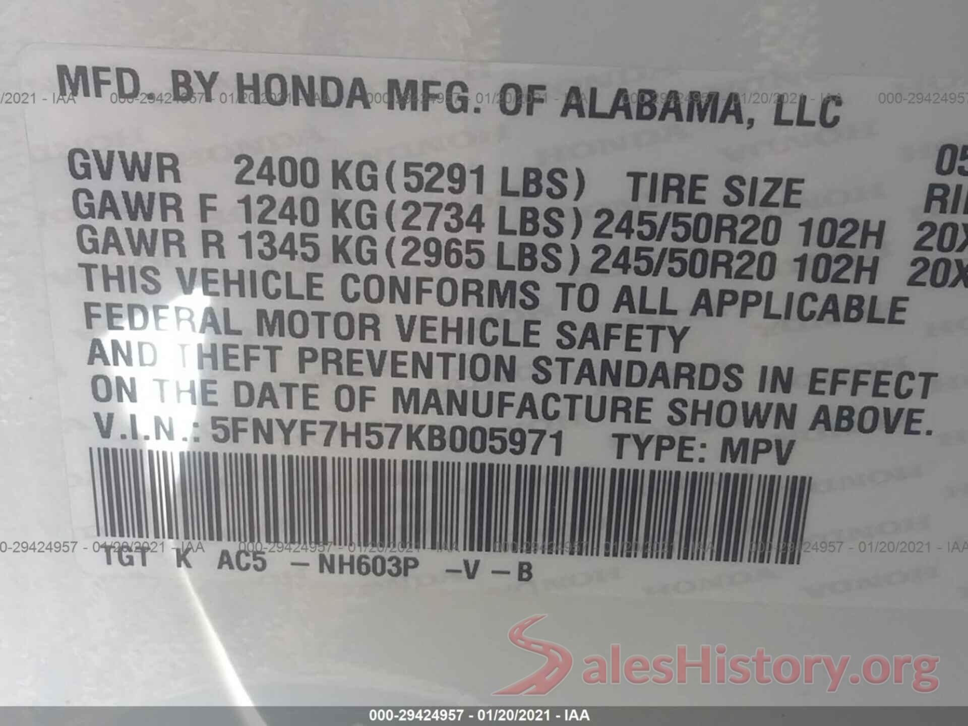 5FNYF7H57KB005971 2019 HONDA PASSPORT