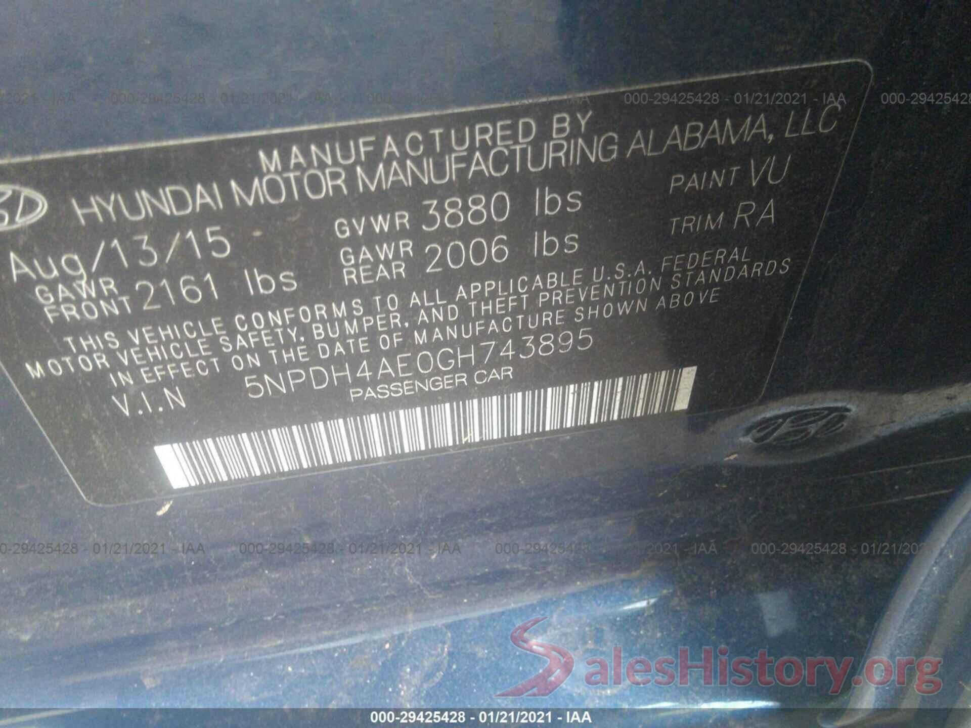 5NPDH4AE0GH743895 2016 HYUNDAI ELANTRA