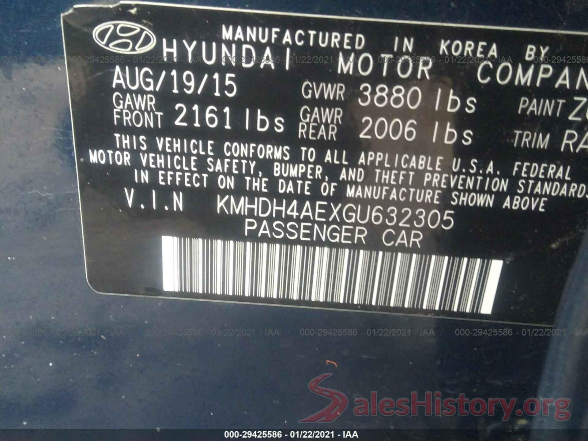 KMHDH4AEXGU632305 2016 HYUNDAI ELANTRA