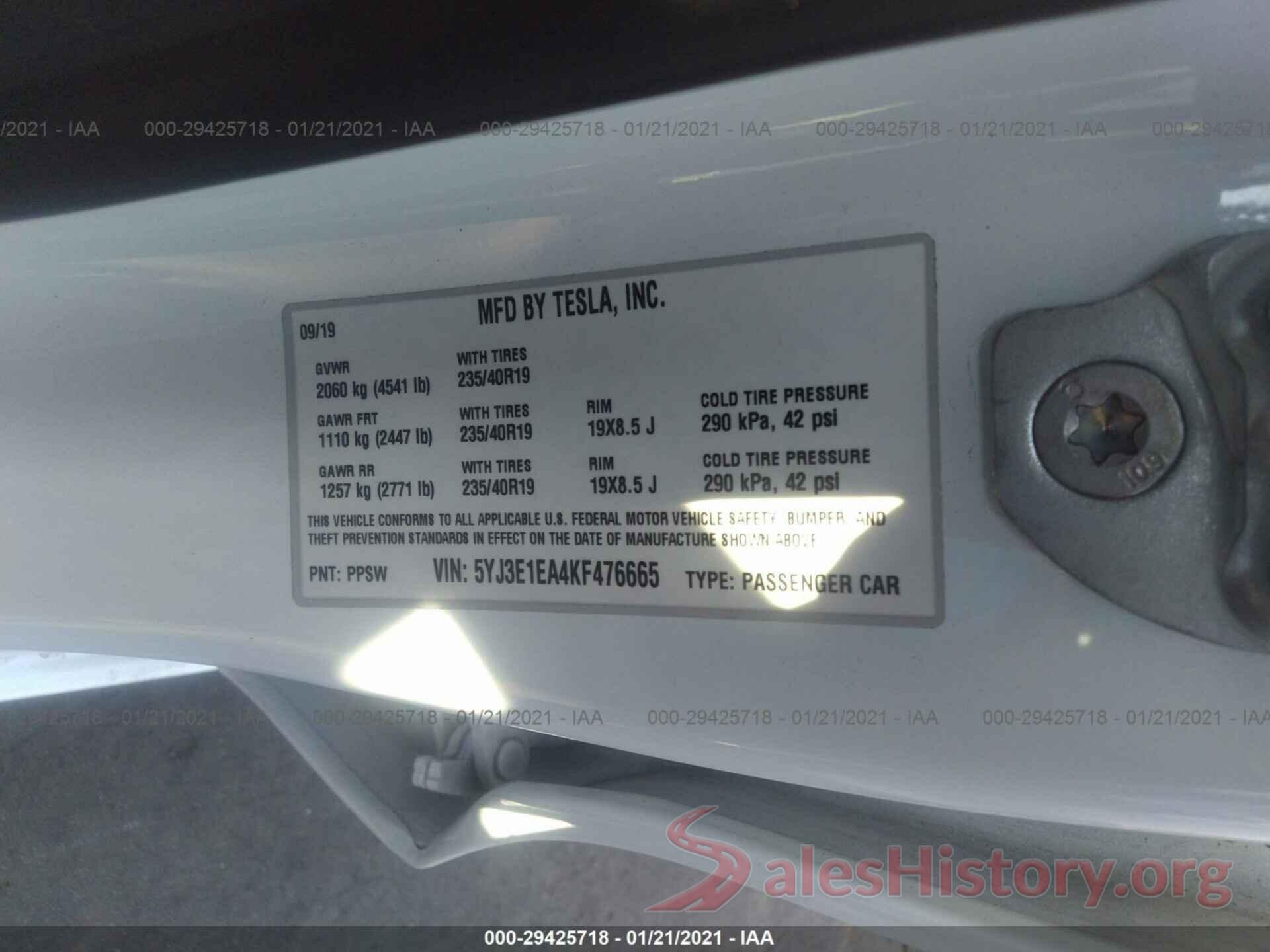 5YJ3E1EA4KF476665 2019 TESLA MODEL 3