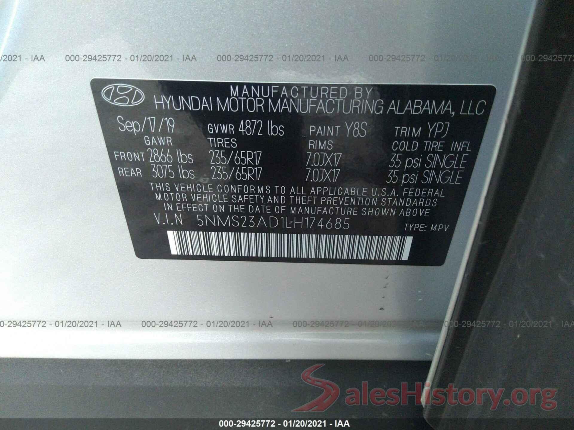 5NMS23AD1LH174685 2020 HYUNDAI SANTA FE