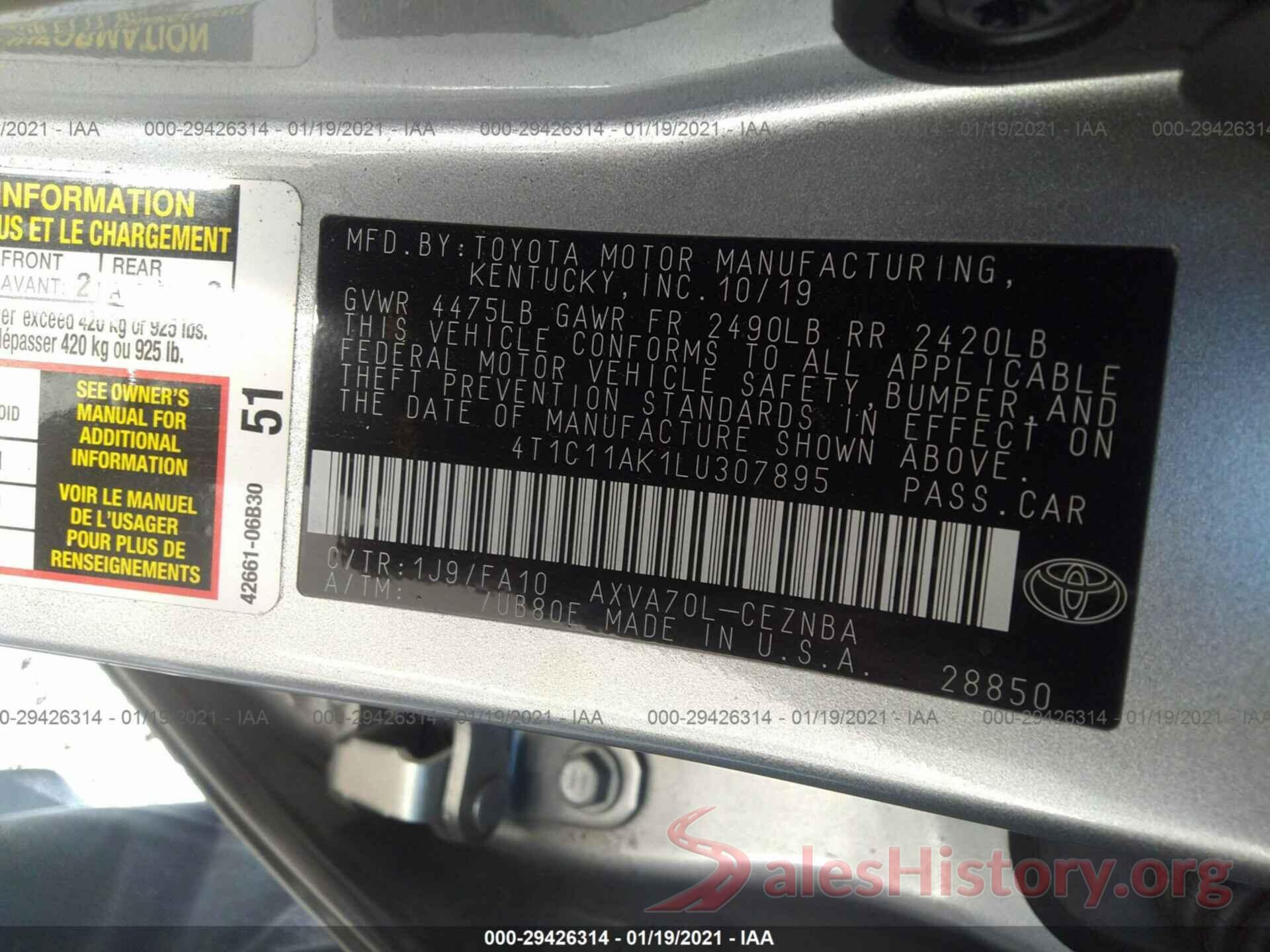 4T1C11AK1LU307895 2020 TOYOTA CAMRY