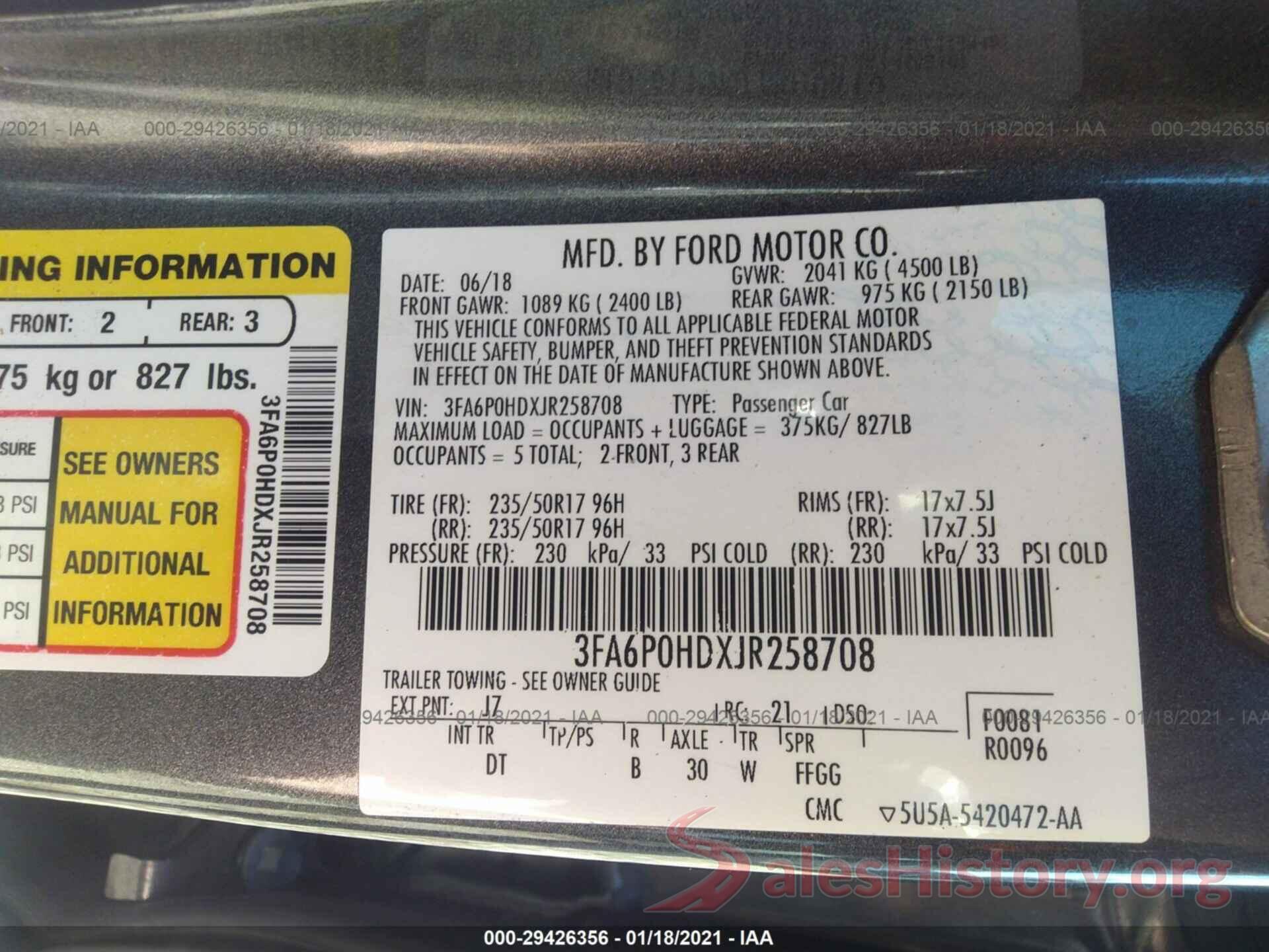 3FA6P0HDXJR258708 2018 FORD FUSION