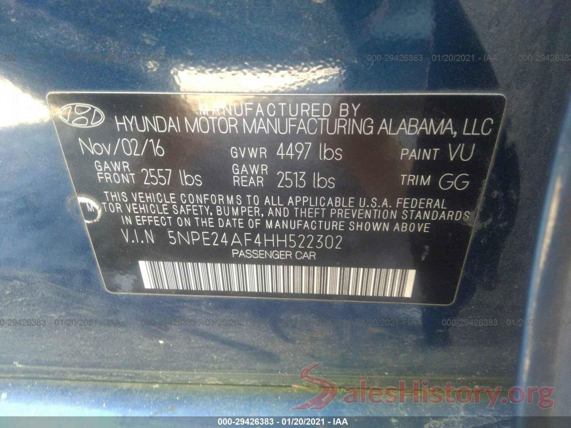 5NPE24AF4HH522302 2017 HYUNDAI SONATA